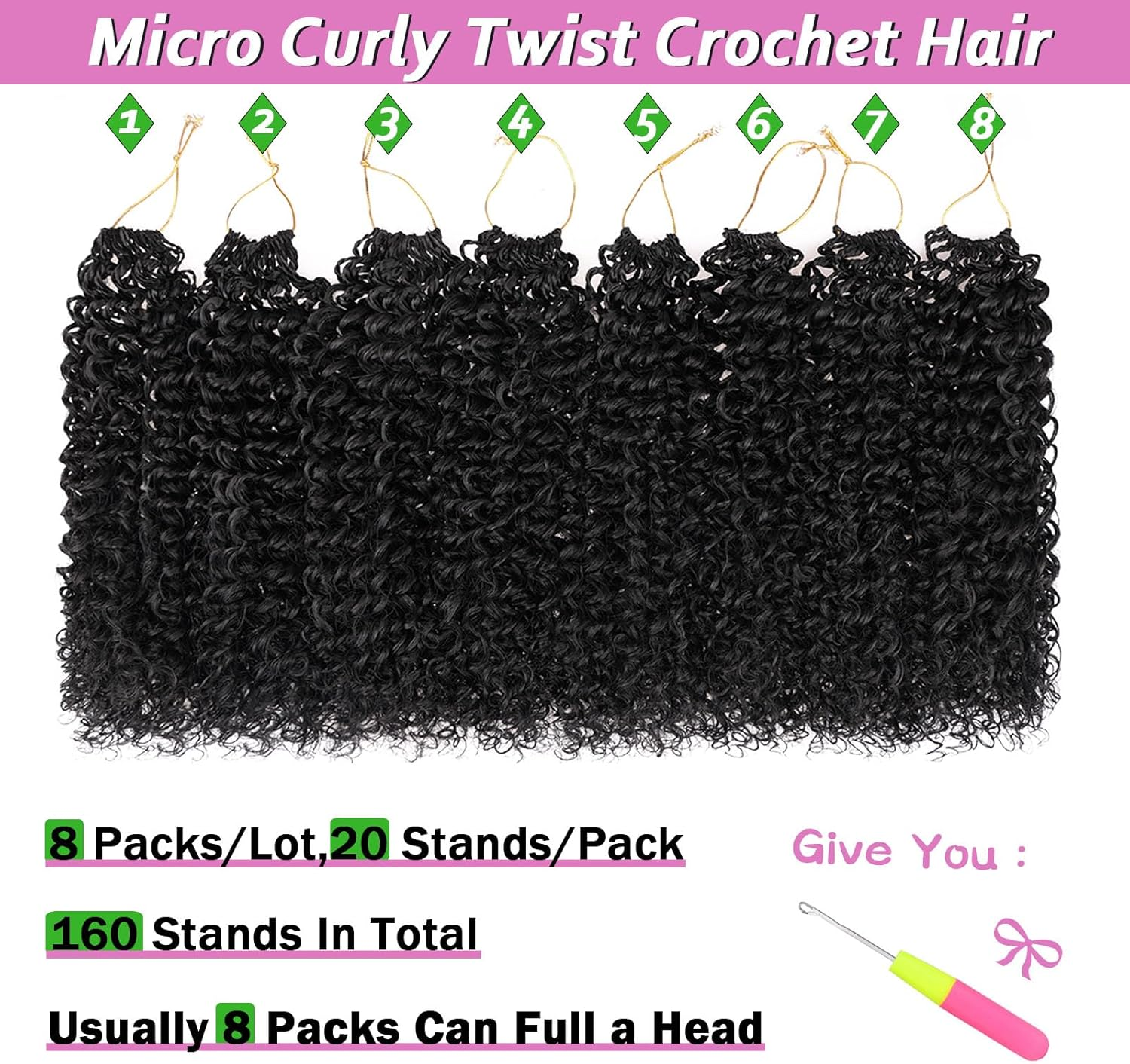Samtress 10 Inch Pre Looped Micro Curly Twist Crochet Hair Synthetic 8 Packs Black Micro Twist Kinky Curly Crochet Hair Yanky Twist Crochet Hair Extensions for Black Women (#1B) image number 5