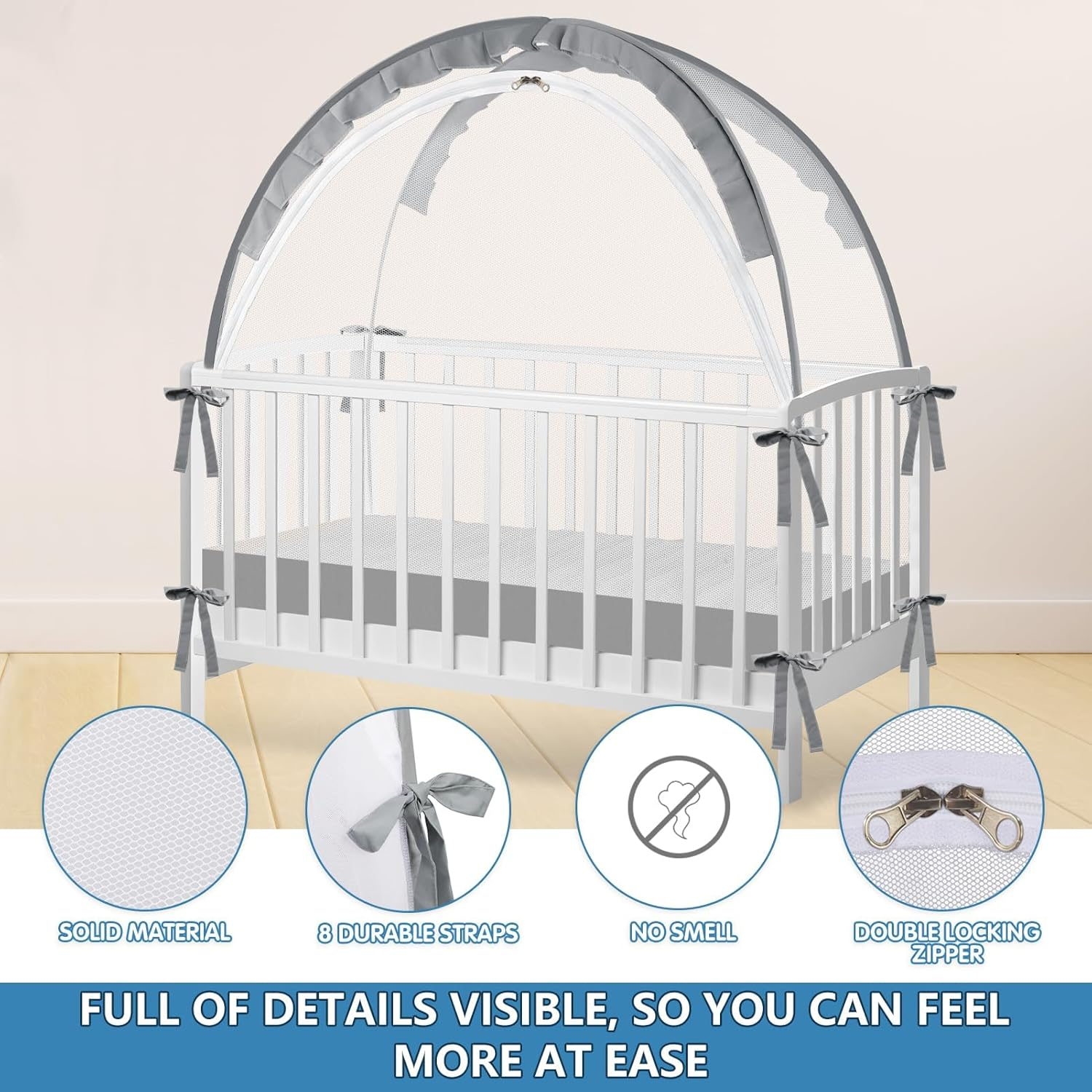 Koeay Pop up Crib Tent Canopy, Crib Tent to Keep Baby from Climbing Out - Crib Net to Keep Baby In, Breathable Cribs Cover Canopy with Upgrade Strong Mesh and Durable Zipper(Grey, 70 X 130 Cm) image number 1