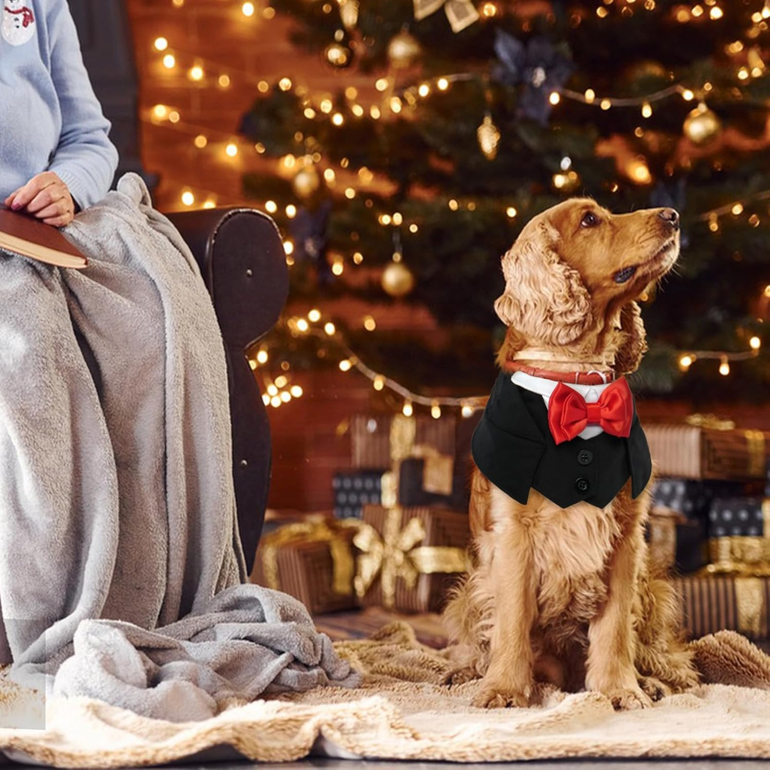 Dog Bandana, Dog Bandana Christmas Dog Bow Tie Bandana Dog Large Dog Suit Wedding Dog Tuxedo Bandana (Black, L) image number 2