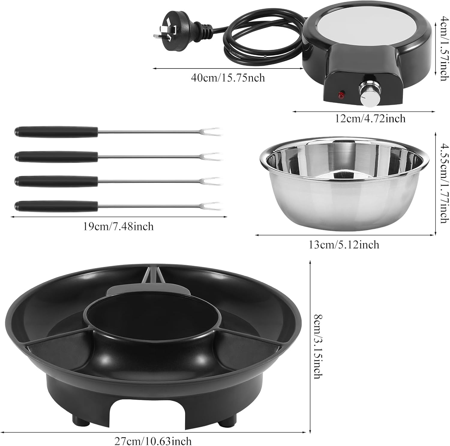Electric Fondue Pot Set,Chocolate Fondue Kit Temperature Control, Detachable Serving Trays and 4 Roasting Forks,Gift Set and Date Night Idea. image number 3