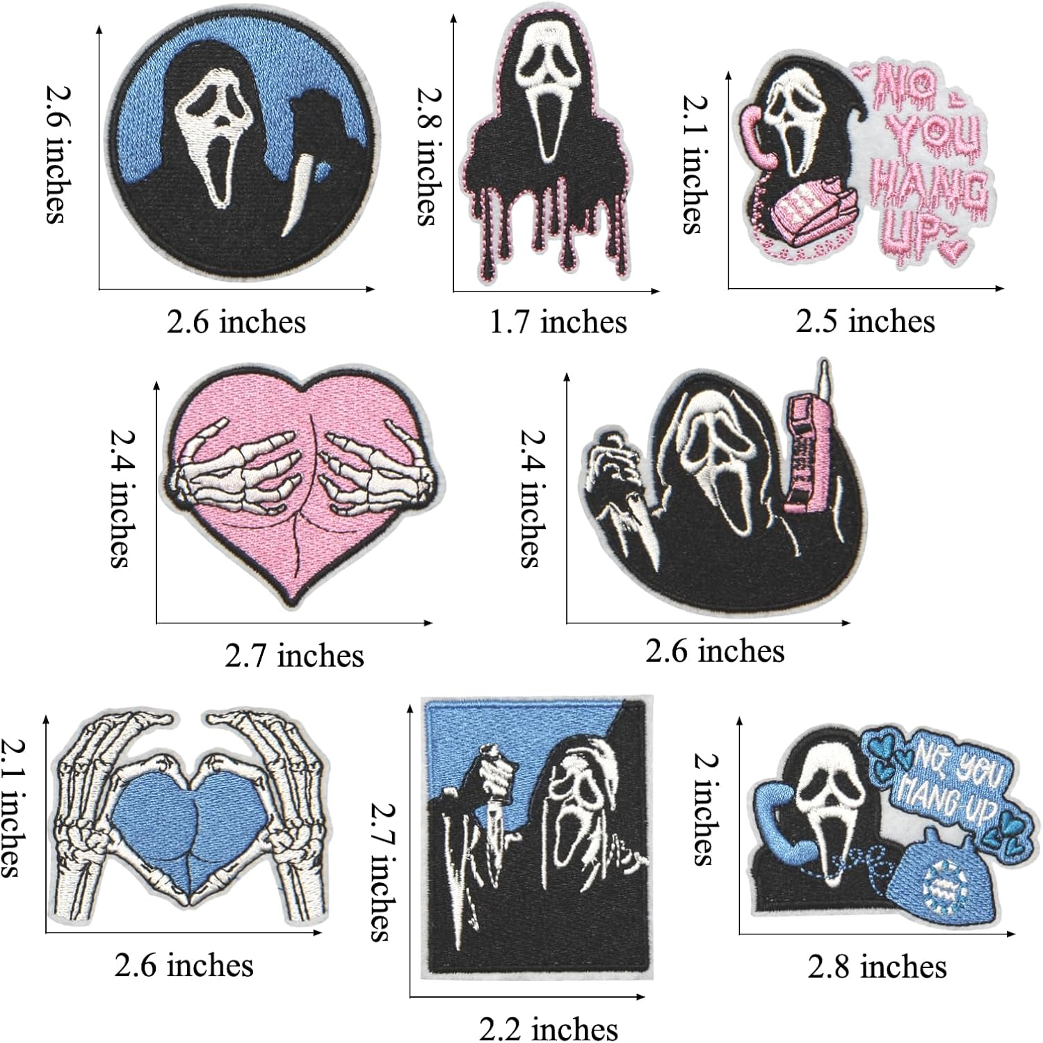 HEYTRCO 8PCS Ghost Iron on Patches, Scary Pink Blue Dark Hang up Embroidered Repair Patches for Clothes, Vintage Custom Badge Heart Applique for Hats, Jeans, Jackets, Bags, Backpacks, Dress, Shoes image number 3