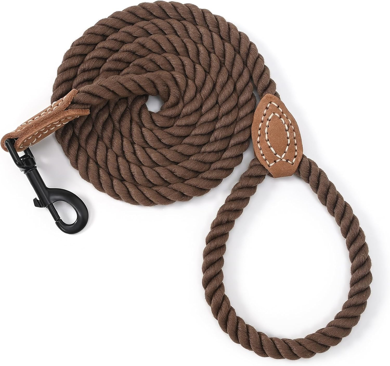 Mile High Life Braided Cotton Rope Leash with Leather Tailor Handle and Heavy Duty Metal Sturdy Clasp (Light Brown, 5 FT)