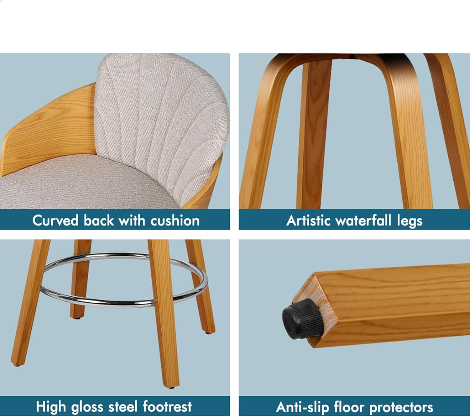 ALFORDSON 2X Bar Stools, Adjustable Kitchen Stools in 66Cm Seat Height, Swivel Fabric Home Bar Counter Barstools with Chrome Steel Footrest, Dining Chair with Anti-Slip Floor Protector, Alice Grey image number 6