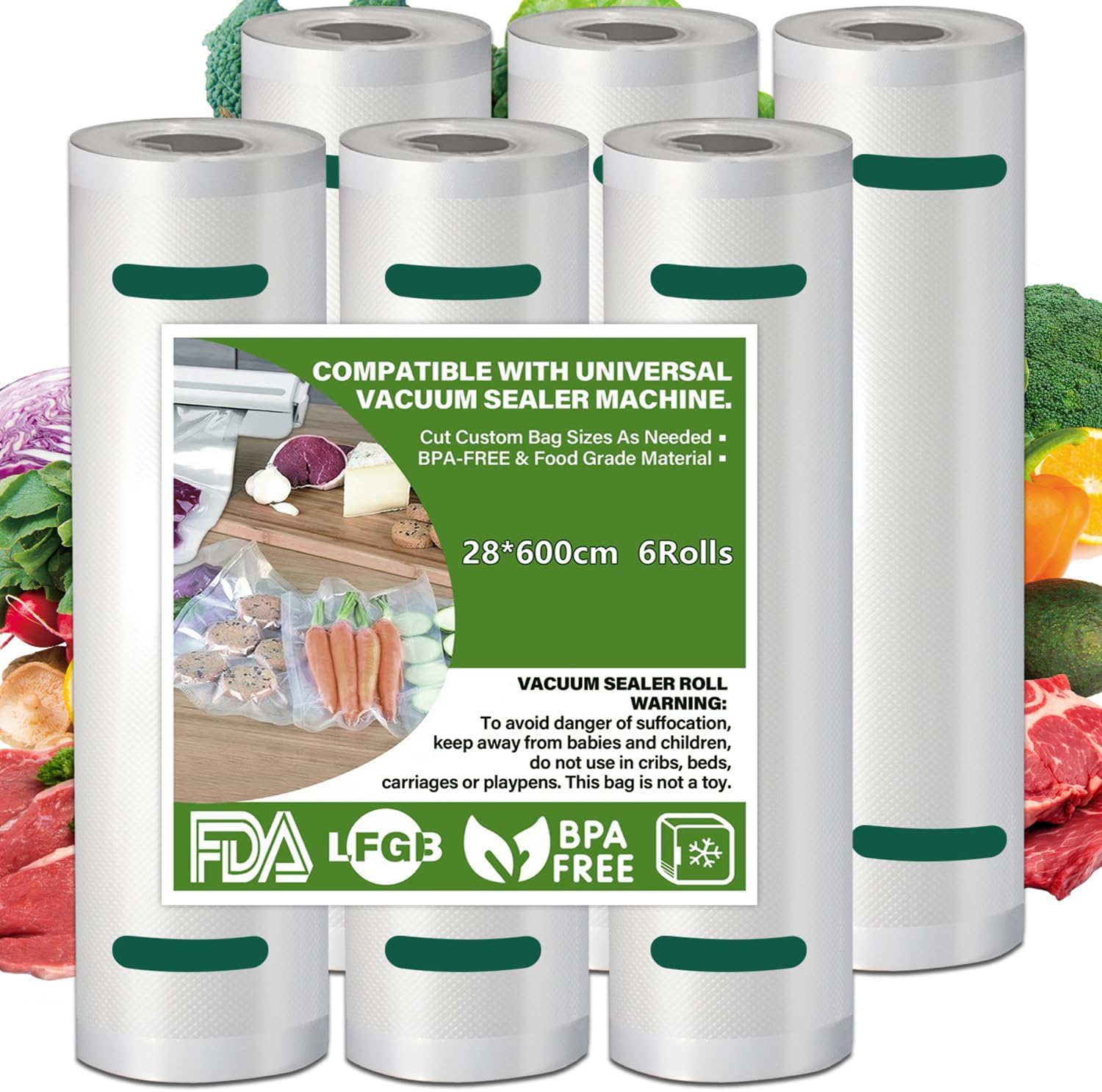 Sydroya Vacuum Food Sealer Roll Bags, 6 Pack 28Cmx6M Vacuum Seal Bags, Seal Storage Heat Commercial Grade Bag Rolls, BPA Free, Food Saver for Meal Prep, Compatible with Most Sous Vide & Vac Machines image number 4