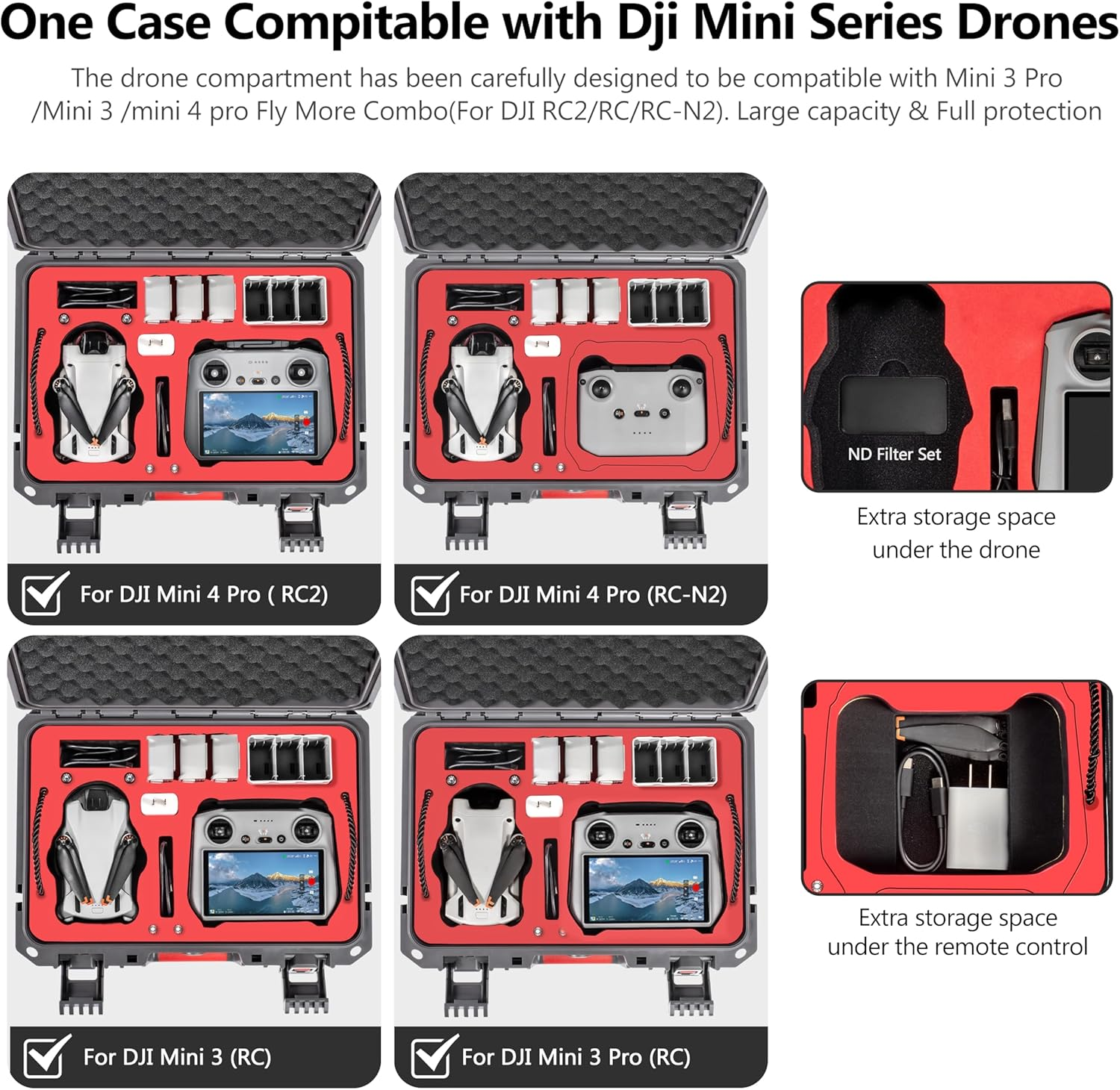 STARTRC Dual Layer Hard Case for DJI Mini 4 Pro Waterproof Drone Carrying Case for DJI Mini 4 Pro 3 Accessories - Fits for RC 2/RC-N2 Controller, Battery Charger Hub - Grey image number 5