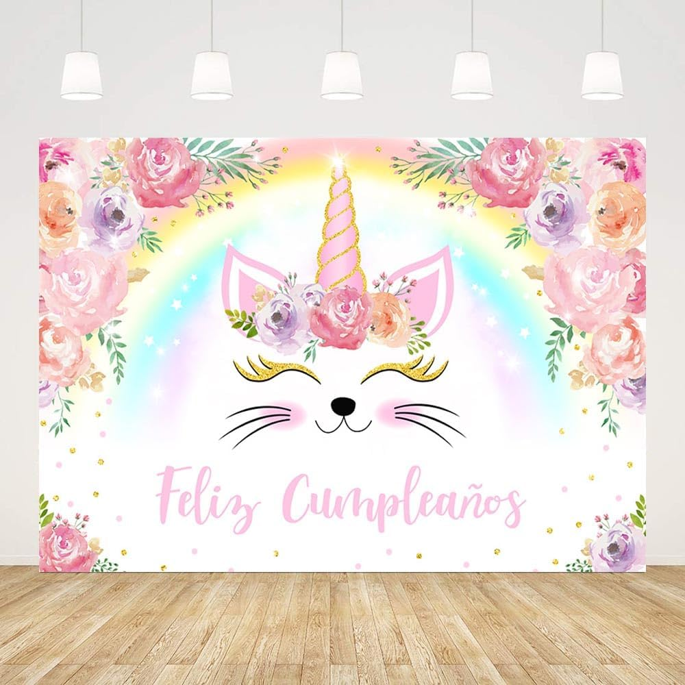 AIBIIN Unicorn Birthday Backdrop Girls Pastel Rainbow Flowers Unicorn Glitter Stars Dots Happy Birthday Party Banner Photo Props 7X5Ft image number 3