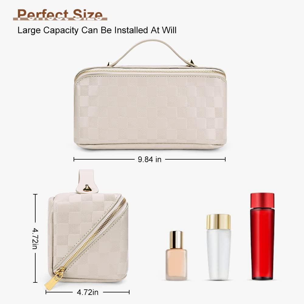 Cessfle Large Capacity Travel Cosmetic Bag,Travel Makeup Bag, Checkered Makeup Bag Open Flat Toiletry Bag Leather Waterproof Flat Lay Makeup Organizer Bag with Handle and Divider for Women, 01-White image number 5