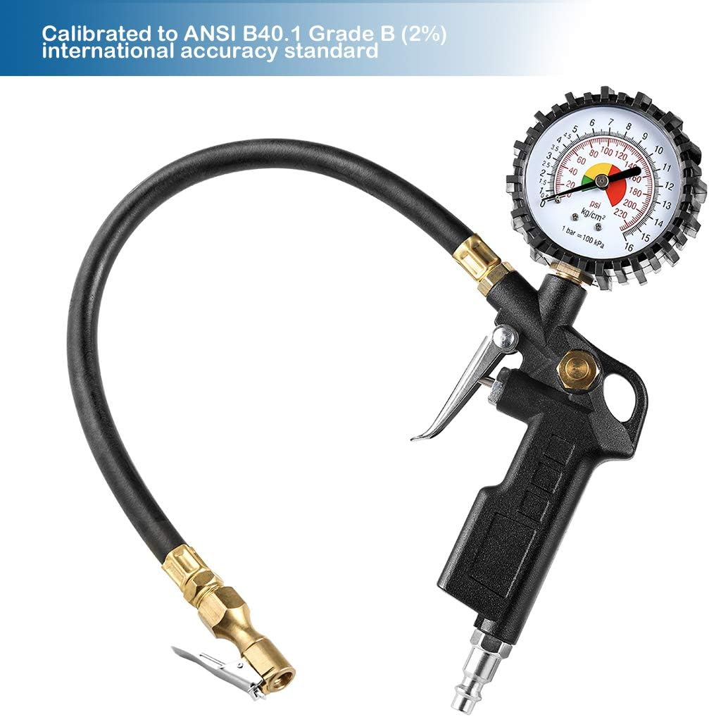 CZC AUTO Tire Inflator Deflator Air Pressure Gauge with Rubber Hose, 2-1/2" Dial Wheel Inflator Gage with Straight Brass Lock-On Chuck Compatible with Air Pump Compressor for RV Car Motorcycle Bike image number 4