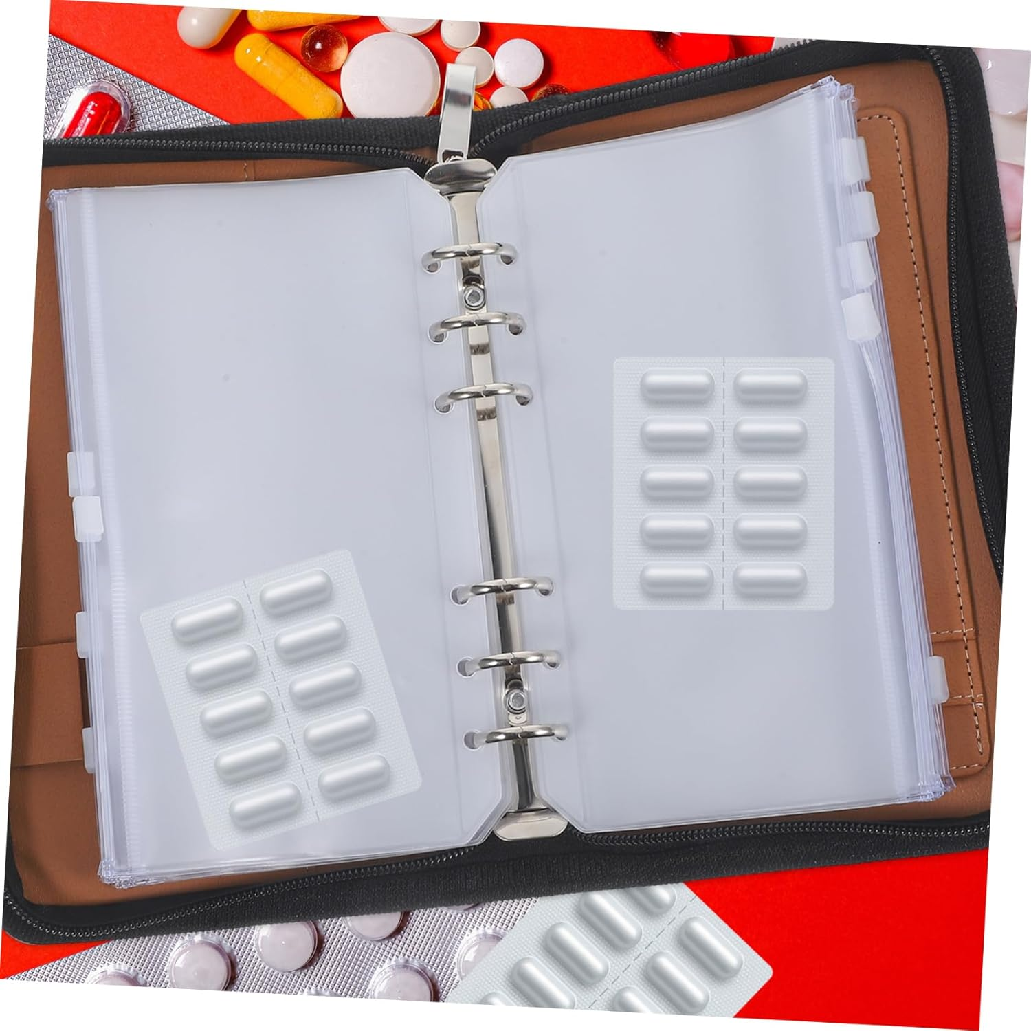 Waterproof Travel Medicine Organizer Pouch, Portable Pu Loose-Leaf Pill Storage Case 8.27 X 5.12 Inch 6 Zipper Pocket Holders, Green Travel Medication Bag for Daily and Trip Use image number 5