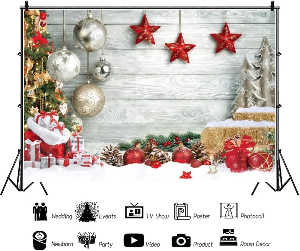 White Christmas Wooden Backdrop Winter Snow Wood Floor Photography Background Xmas Tree Gift Winter Holiday Family New Year Party Decoration Photo Props Family Holiday Party Supplies 10X8Ft image number 3