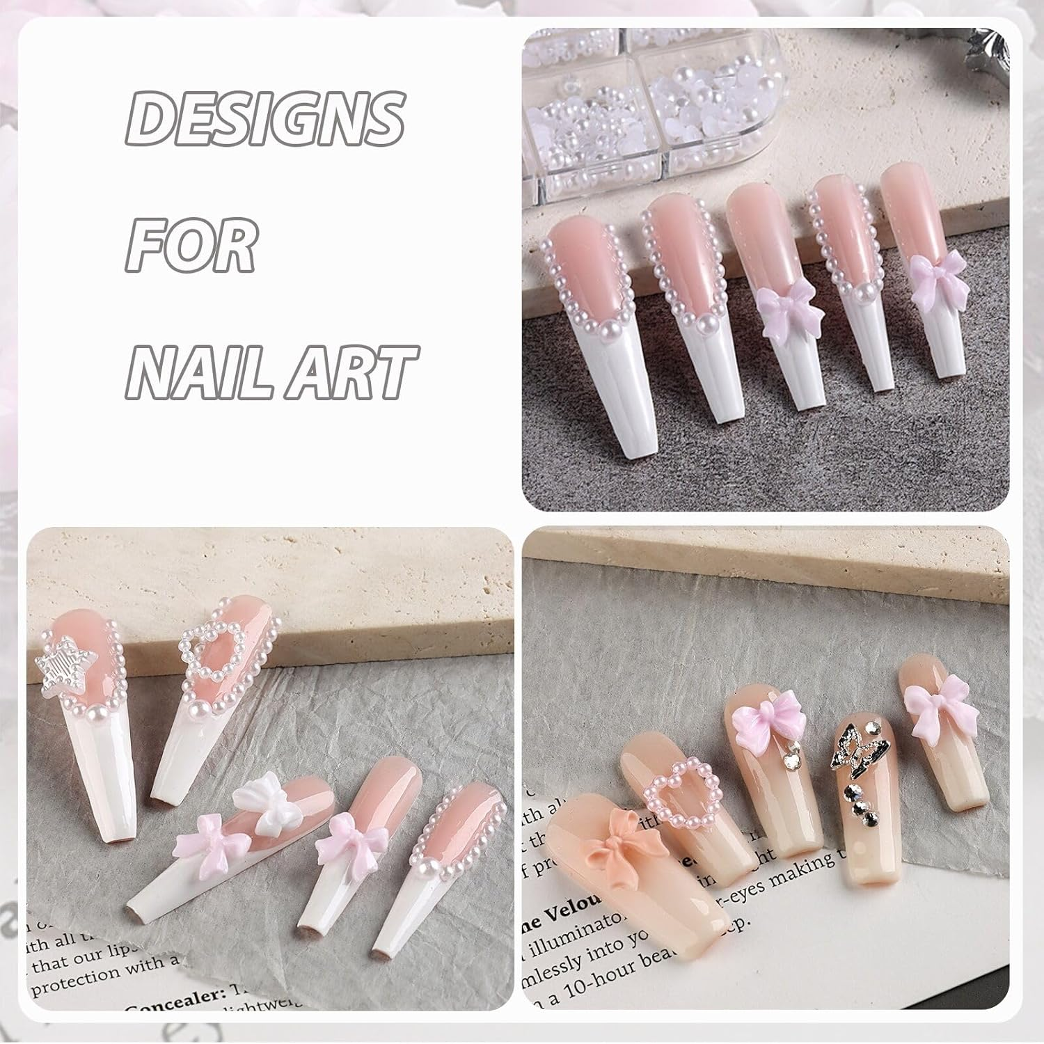 SUTOKAKA 3D Bow Nail Charms and Pearls Mixed Color Acrylic Flatback Bowknot Charm Gems Jewels with Tweezer Pickup Pencil for Nail Art Design Manicure DIY Crafts