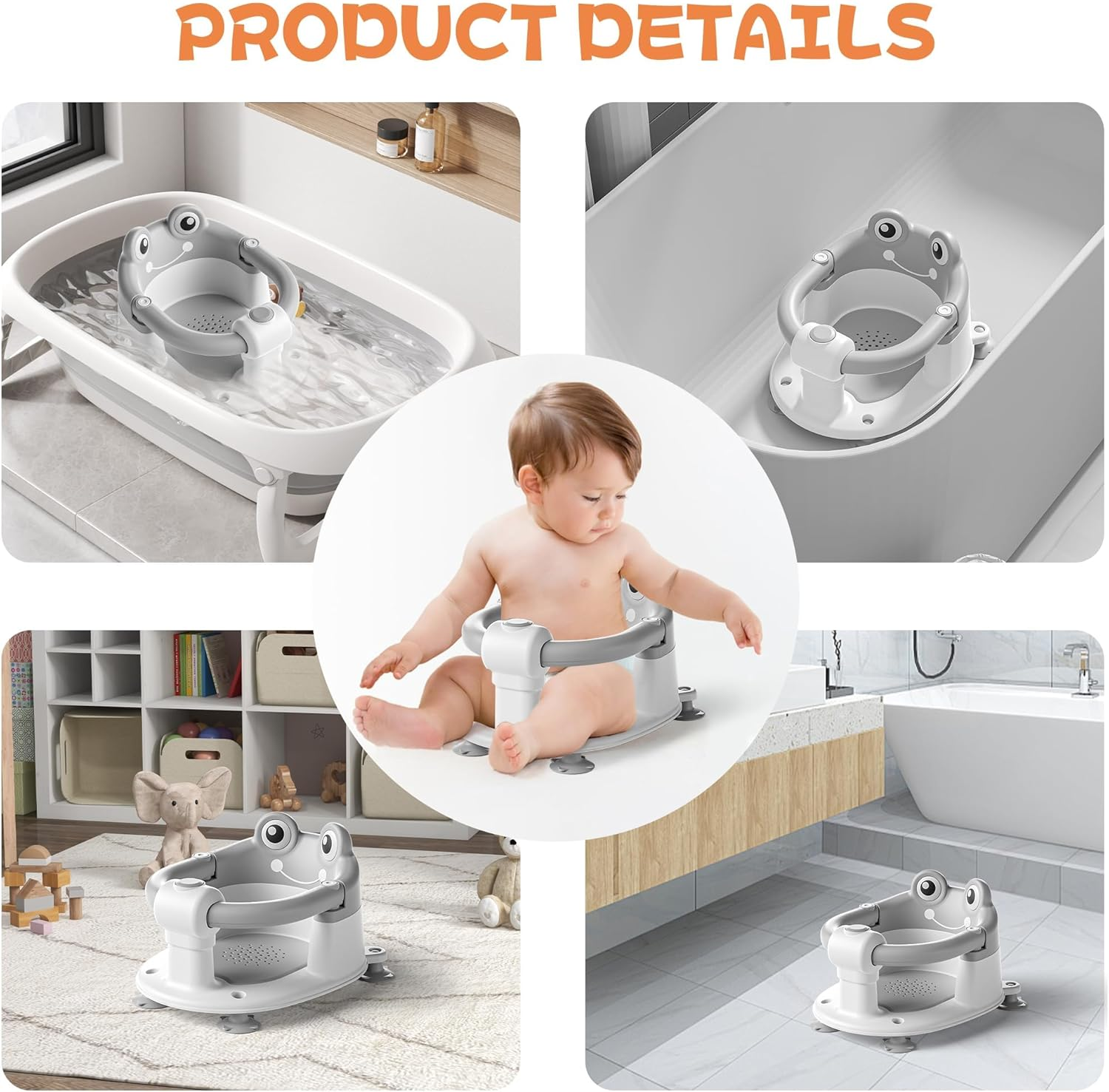 Baby Bath Seat with Safety Handle, Frog Design, 4 Anti-Slip Suction Cups, Ergonomic Support, for Babies 6-18 Months, Grey image number 5