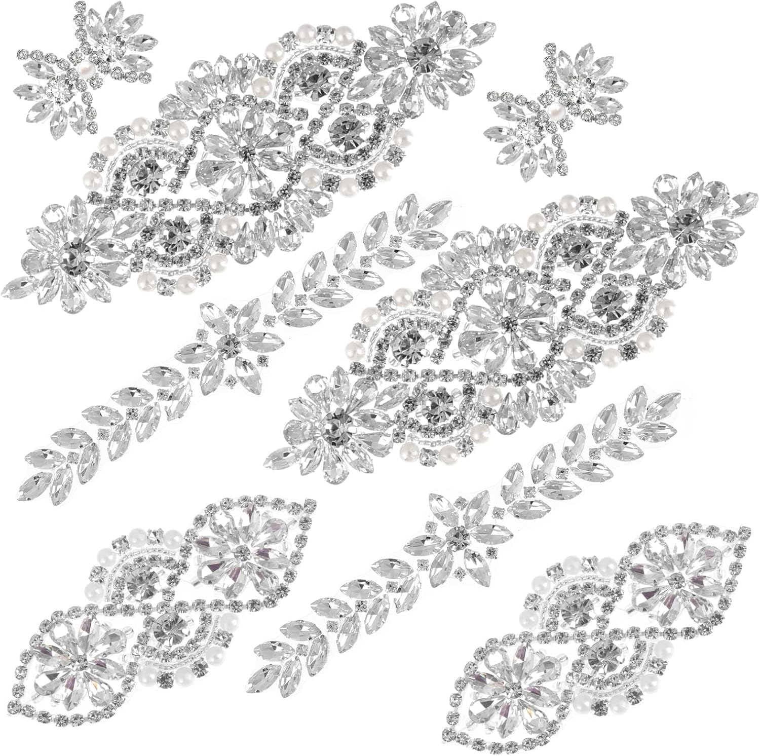 8 Pieces Crystal Rhinestone Appliques Silver Rhinestone Iron on Patch Hot Fix Applique for Bridal Wedding Dress Clothes Sash Crystal Belt DIY Sewing Appliques for Shoes image number 2
