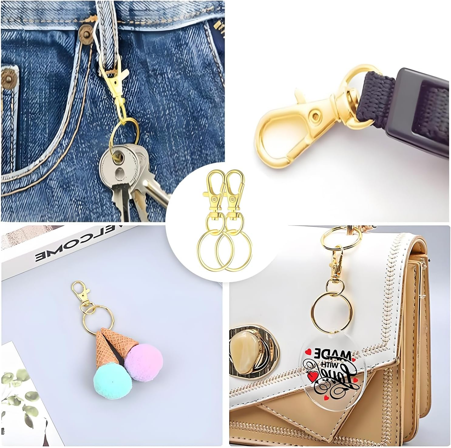 100PCS Key Ring Set,50 Rotating Quick-Release Hooks and 50 Key Rings,Suitable for DIY Craft Making and Design (Gold) image number 1