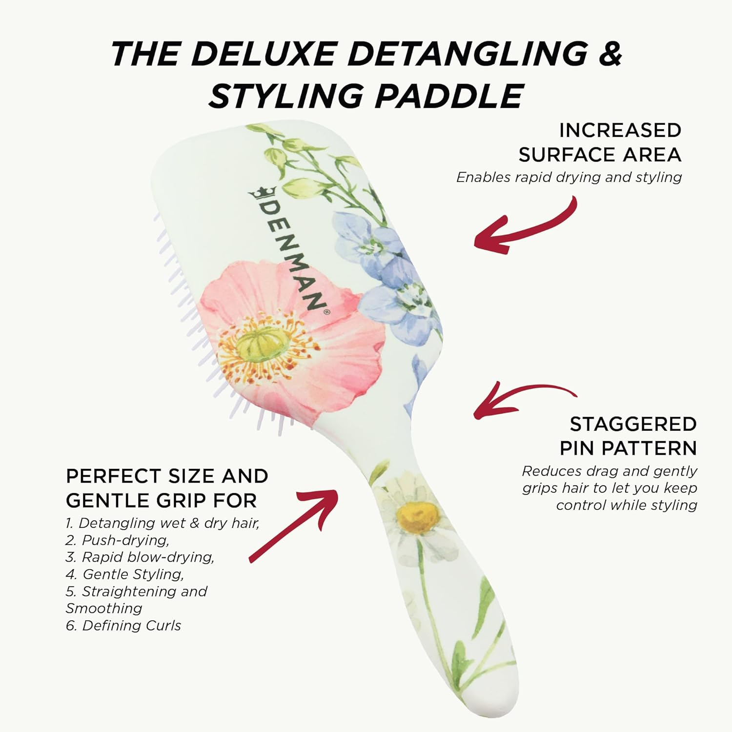 Denman Detangling & Styling Paddle Brush - Wet or Dry Hair Detangler & Styler for All Hair Types Including Curly, Coily, Straight & Long, Thick Hair - for Women & Men, D38 Floral Fantasy image number 3