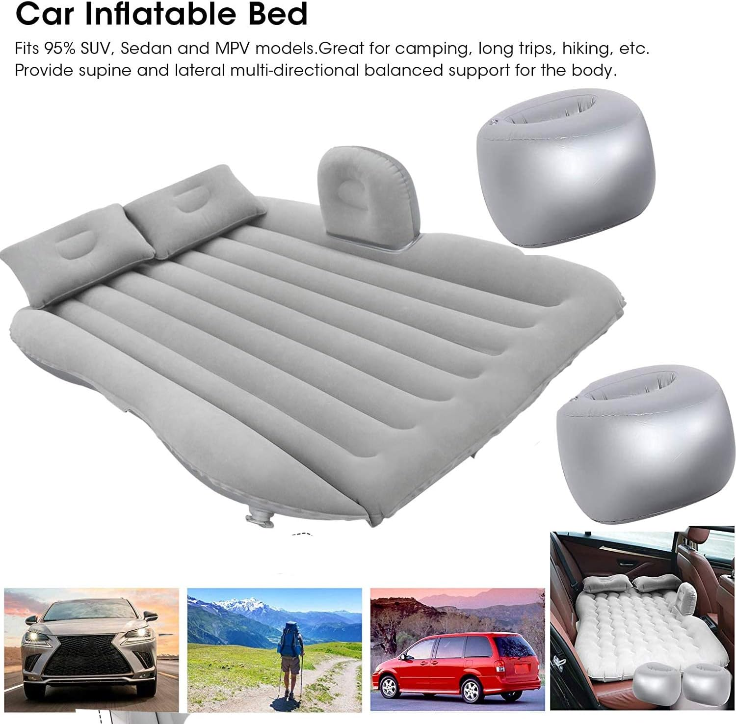 EZONEDEAL Car Mattress SUV for Back Seat & Half Trunk, Thickened Inflatable Mattress Camping Mattress Car Bed Camping Bed with with 2 Air Mattress Pillow and Pump, Double-Side Design for SUV, Car