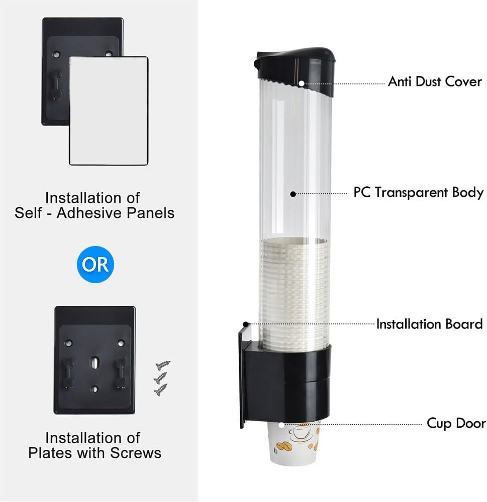 Wall-Mounted Cup Dispenser &ndash; Pull Type, Fits 7Oz-12Oz Disposable Cups, Automatic Cup Holder with Dust Cover, No Drilling Required, for Home, Office & Bathroom, Black image number 3