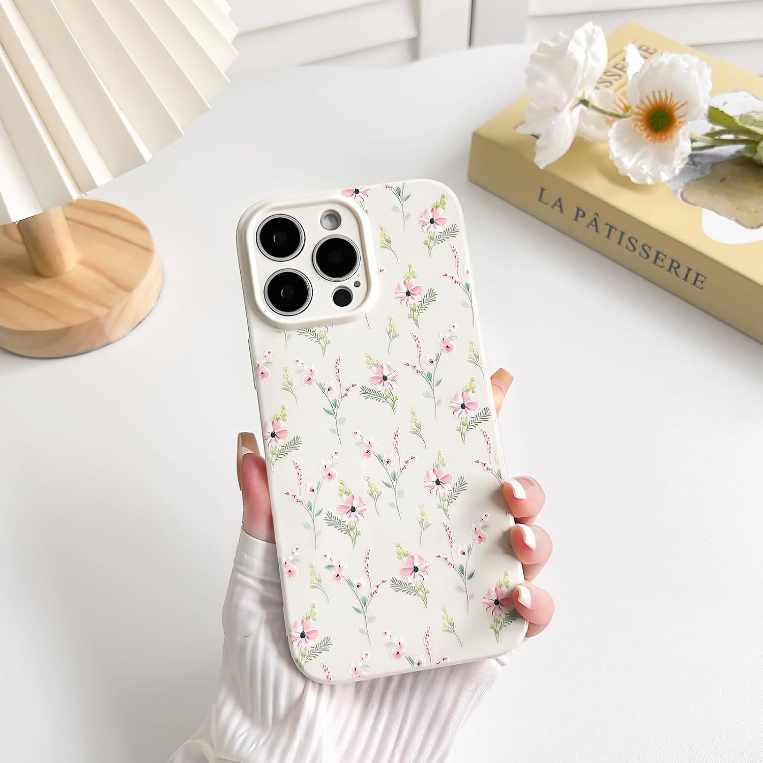 NITITOP Compatible with Iphone 12 Pro Case Cute Pink Flower Floral Aesthetic Design with White Back for Women Girls Trendy Slim Soft TPU Full Camera Shockproof Protective Cover - Pink image number 3