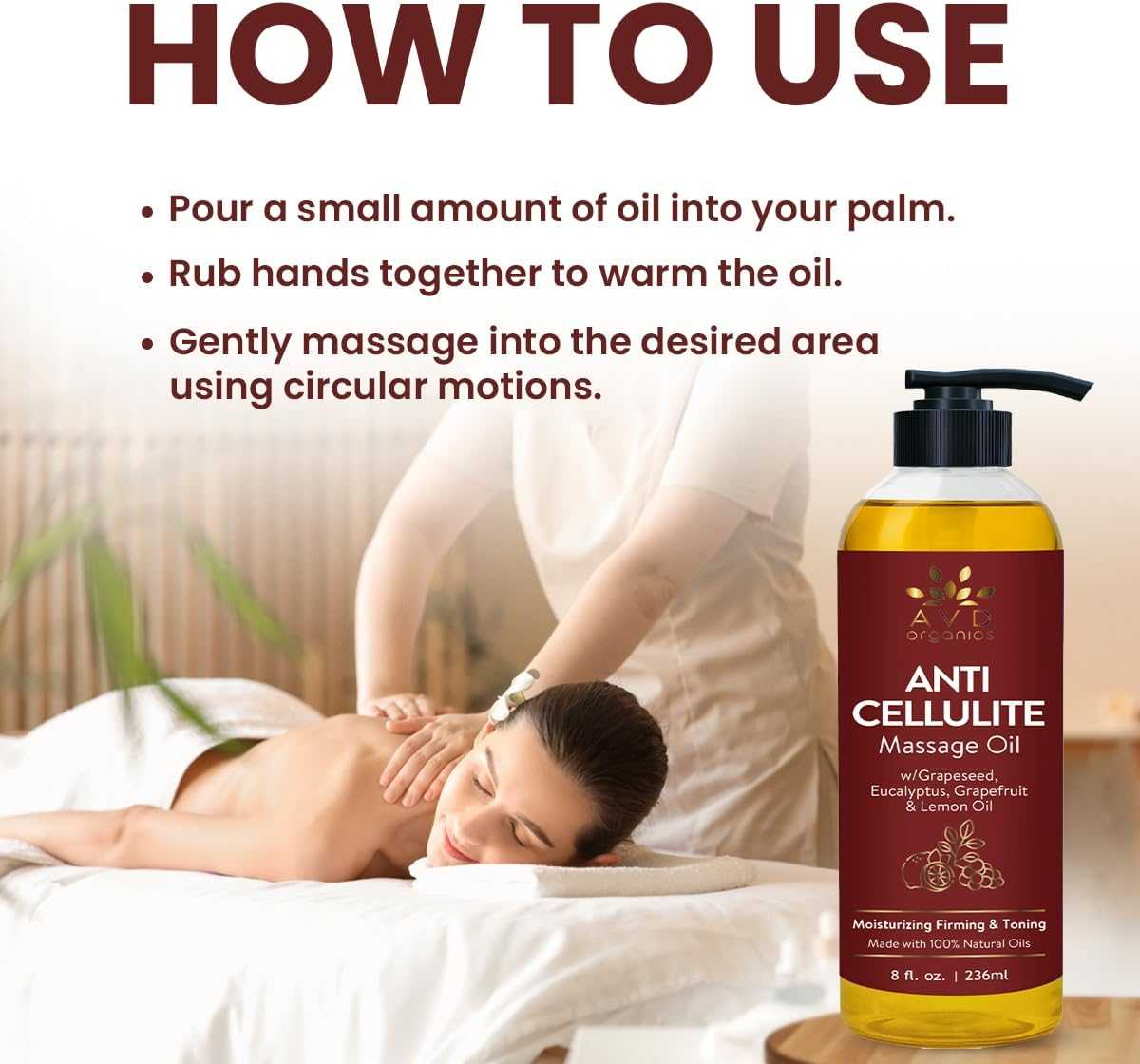 AVD Organics Anticellulite Massage Oil 236 Ml | Elevate Your Massage Rituals with This Oil Offering Deep Skin Nourishment and a Soothing Aromatic Touch| 8 Fl.Oz image number 2