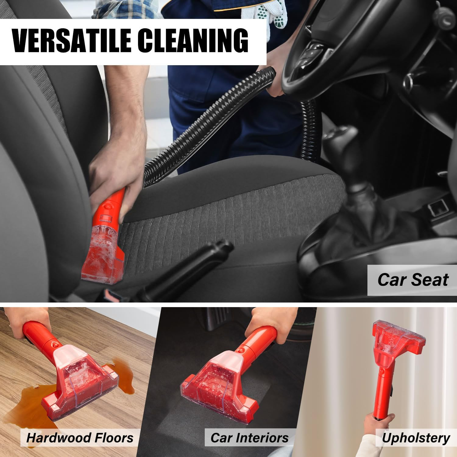 TOPEX 450W Carpet and Upholstery Spot Cleaner, Multi-Purpose Portable Carpet Cleaner, Professional Stain Remover Spot Washer for Carpets, Upholstery, Car Seats, Pets and Couch, Lightweight, Red image number 3