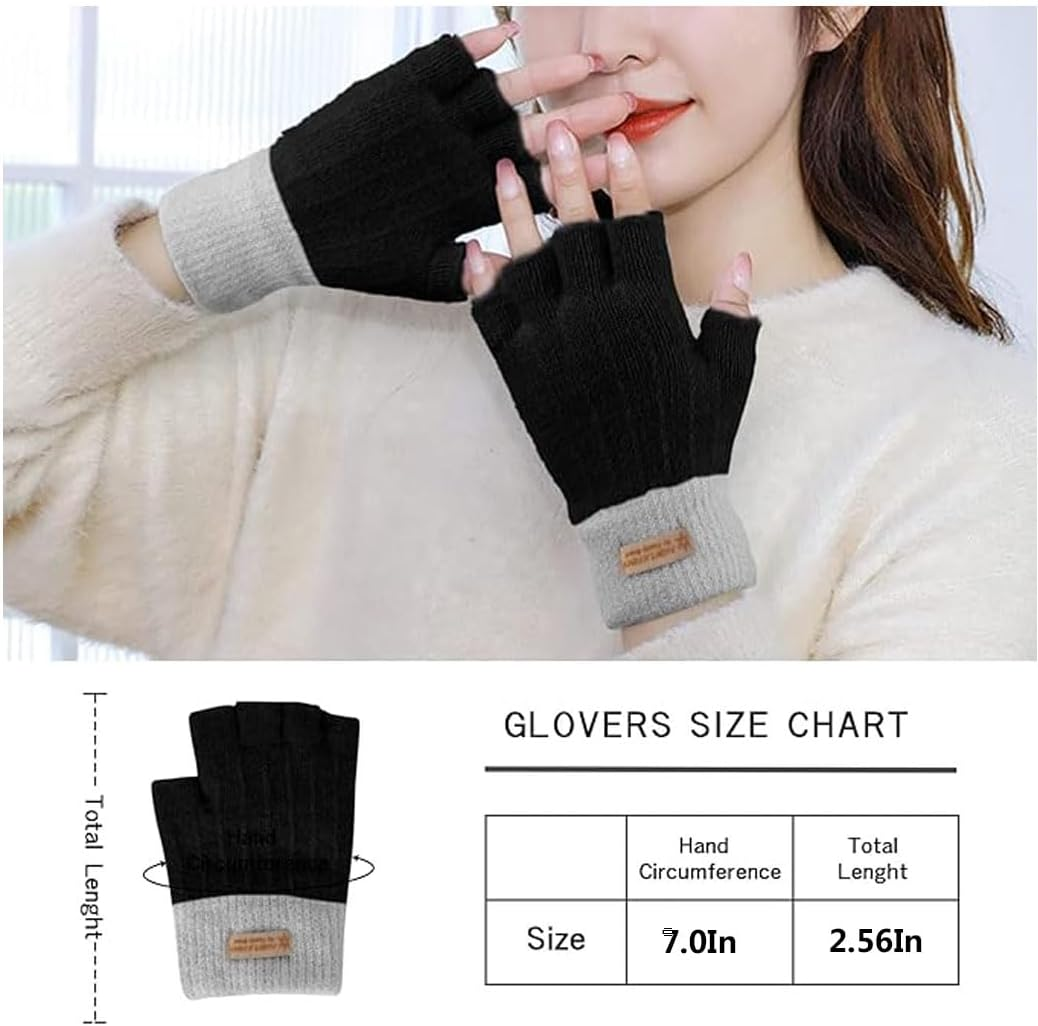 2 Pairs Fingerless Gloves for Women Warm, Winter Thermal Gloves Knitted Soft Half Fingers Mittens for Cold Weather Driving Working Typing - Black  Pink image number 6