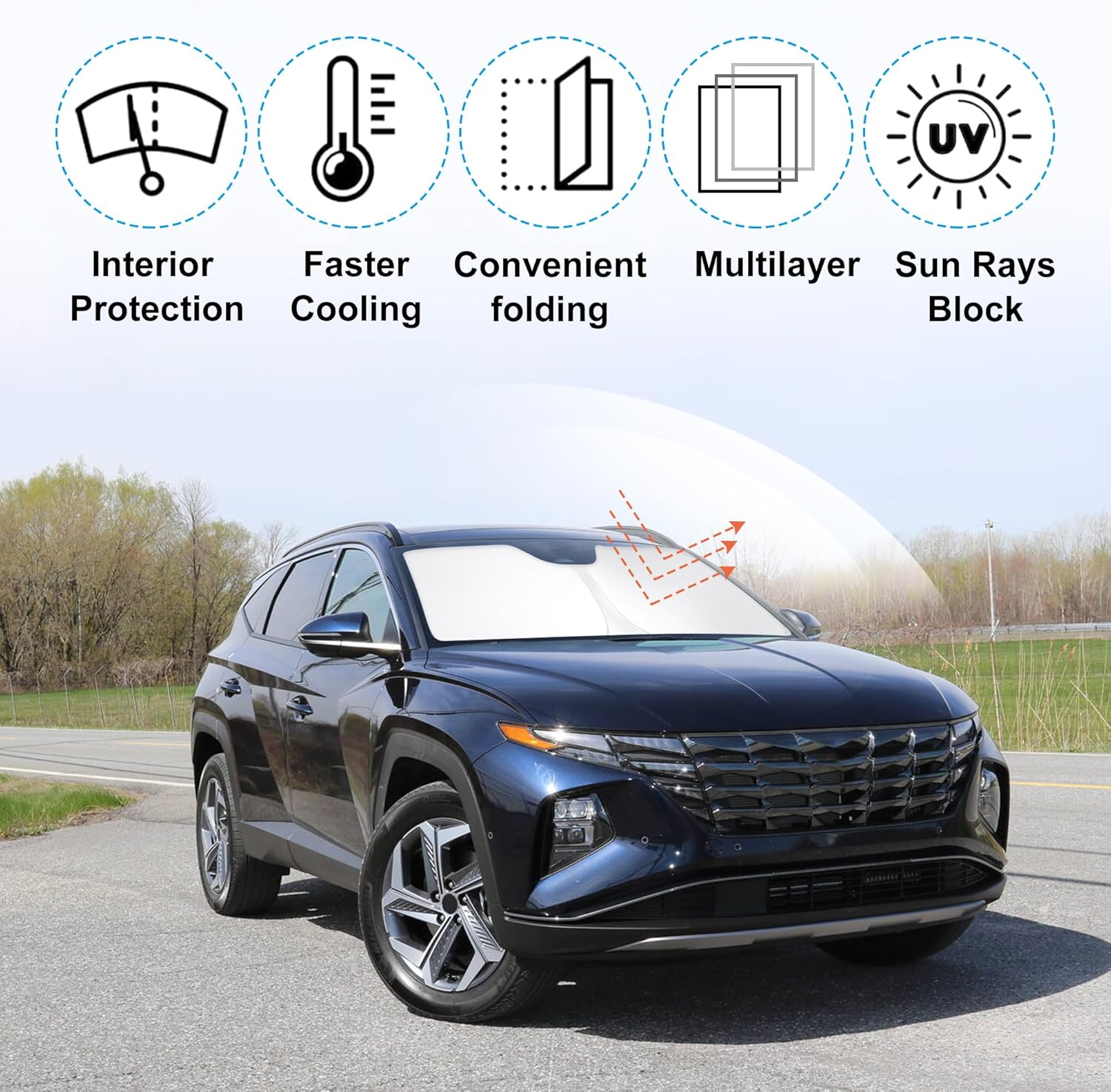 YYCKE Windshield Sun Shade Accessories Compatible with 2022-2024 2025 Tucson for Hyundai Foldable Sunshade Sun Visor Blocks UV image number 5