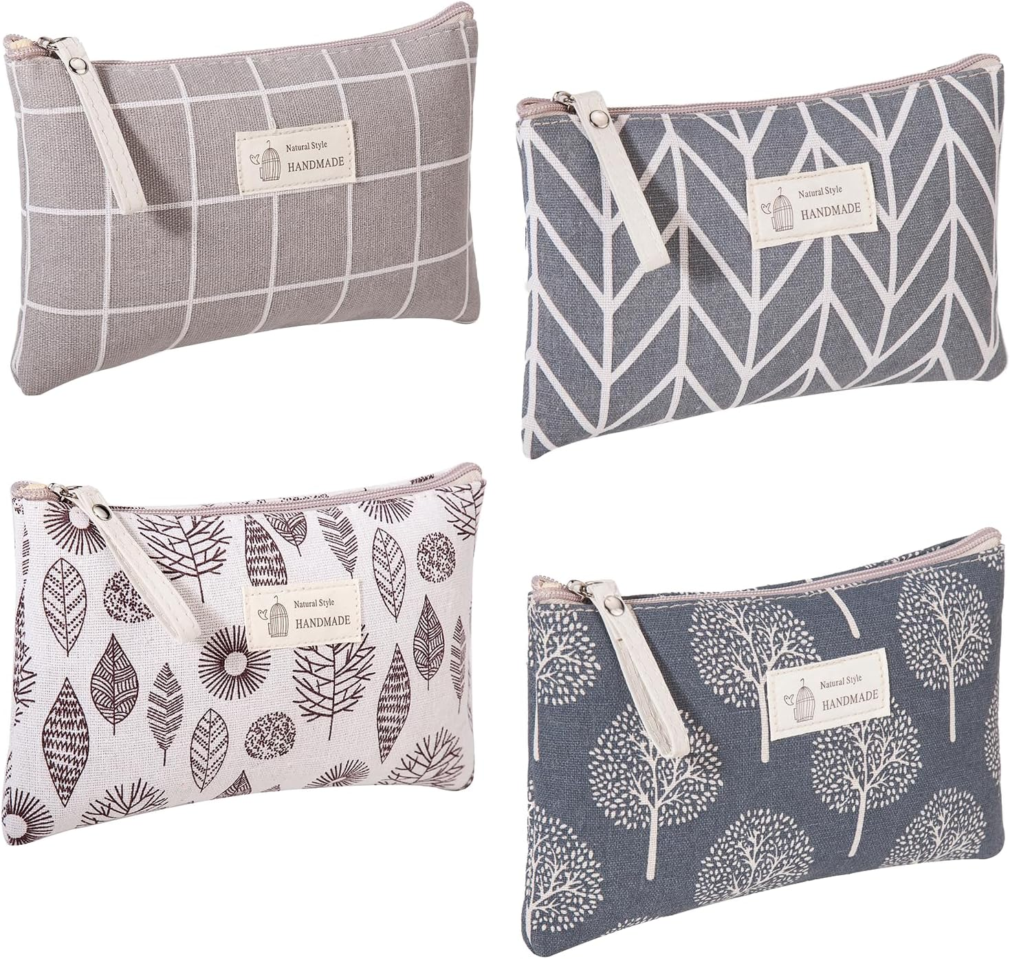 VEGCOO 4 Pcs Canvas Cosmetic Bag, Printed Makeup Bag for Women Girls, Multifunctional Travel Accessories Toiletry Bag for Gift Travel Daily Use, Grey, Refreshing