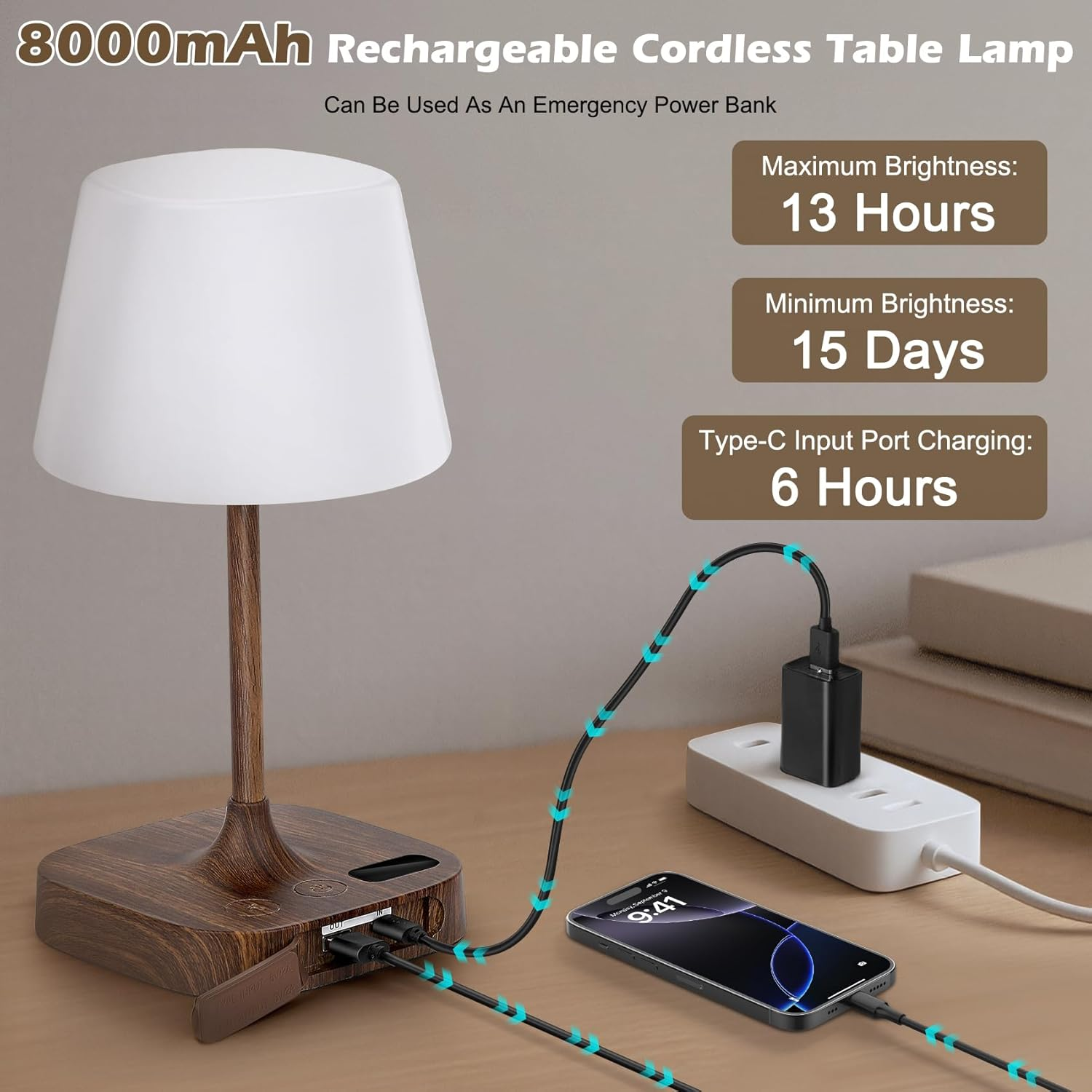 IP65 Waterproof Shower Lamp | 8000Mah Rechargeable Cordless Touch Lamp with 3 Colors & 5 Brightness, Dimmable LED Display | Portable Table Lamp for Bathroom, Bedroom, Camping, Outdoor image number 3
