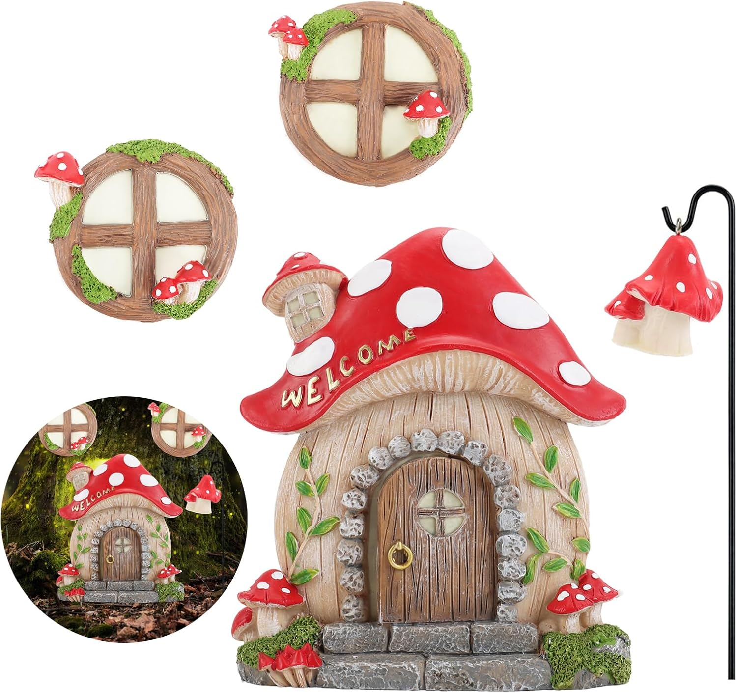 Miniature Fairy Garden Accessories: Glow in the Dark Fairy Door and Windows for Trees, Green Resin Garden Ornament with Lantern