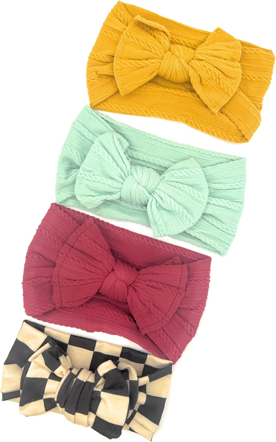 Baby Headbands Hairbands Hair Bow Elastics Handmade Hair Accessories for Baby Girls Newborn Infant Toddlers Kids. Comes in a 3-Pack, 4-Pack with Adorable Designs. Perfect for Everyday Wear, Birthdays, or Special Occasions. Floral Light Brown, Dark Square Pattern, White, (3 Pack) image number 3