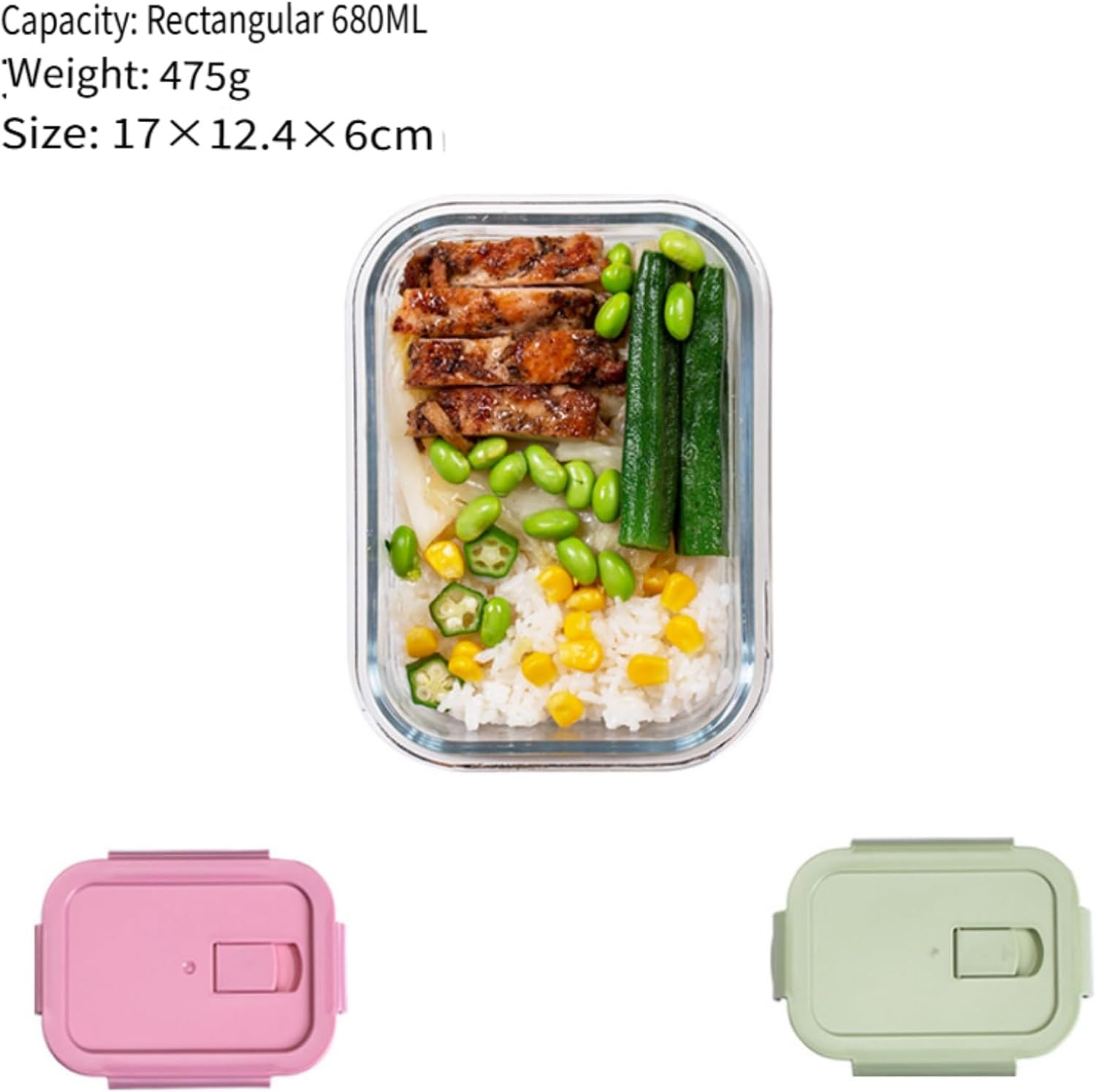 Square Glass Food Storage Containers, 4 Pack 23Oz/0.68L Glass Meal Organizers with Airtight Lids, for Lunch Sandwich Fruit Snack, Dishwasher Microwave Freezer Safe (Green and Pink) - Green image number 4