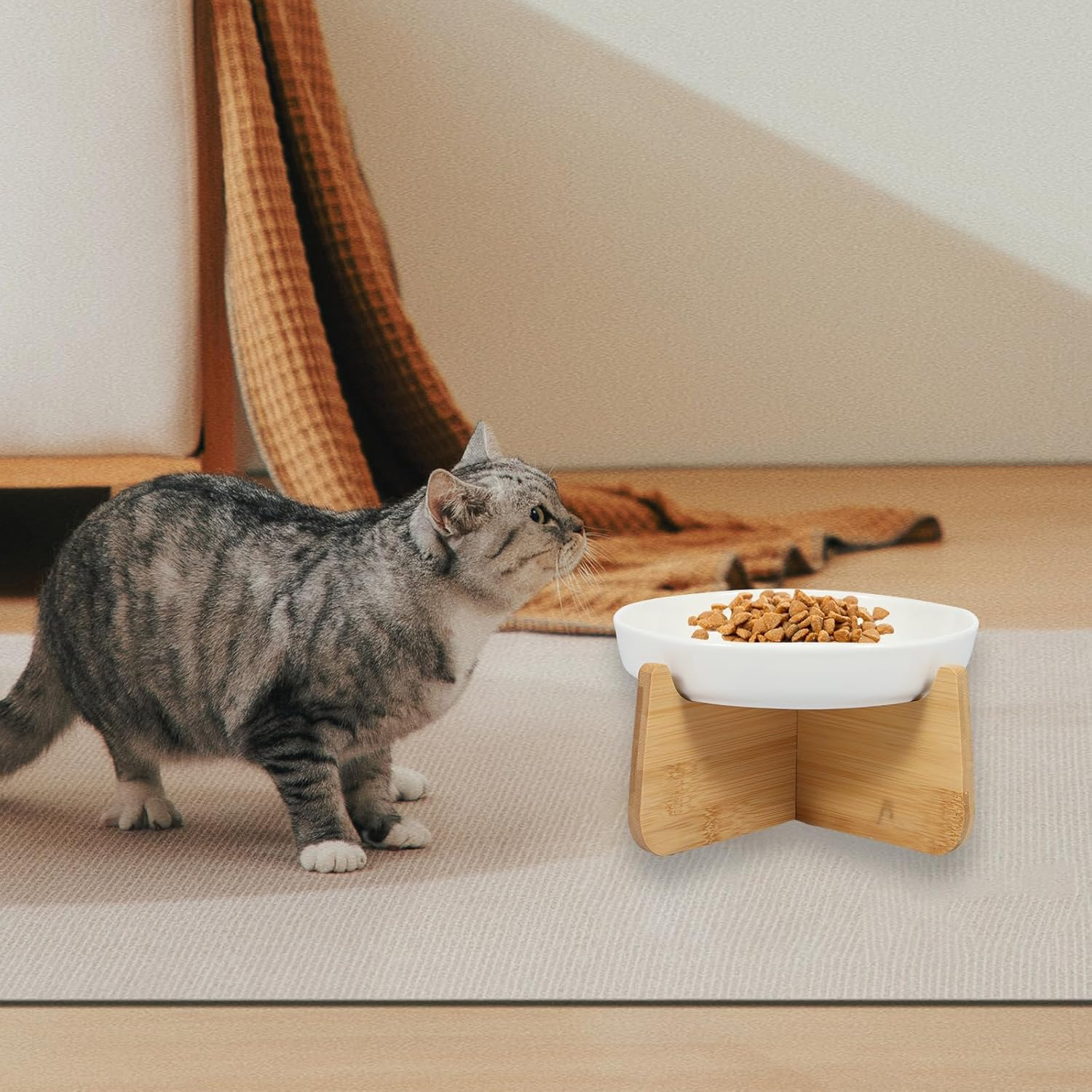 Raised Slow Feeder Cat Bowl, Elevated Cat Bowls with Wood Stand, Ceramic Cat Feeding Bowl anti Vomiting Cat Food Bowl, Interactive Bloat Stop Cat Feeder, Improves Digestion Pet Bowl (White) - White image number 6