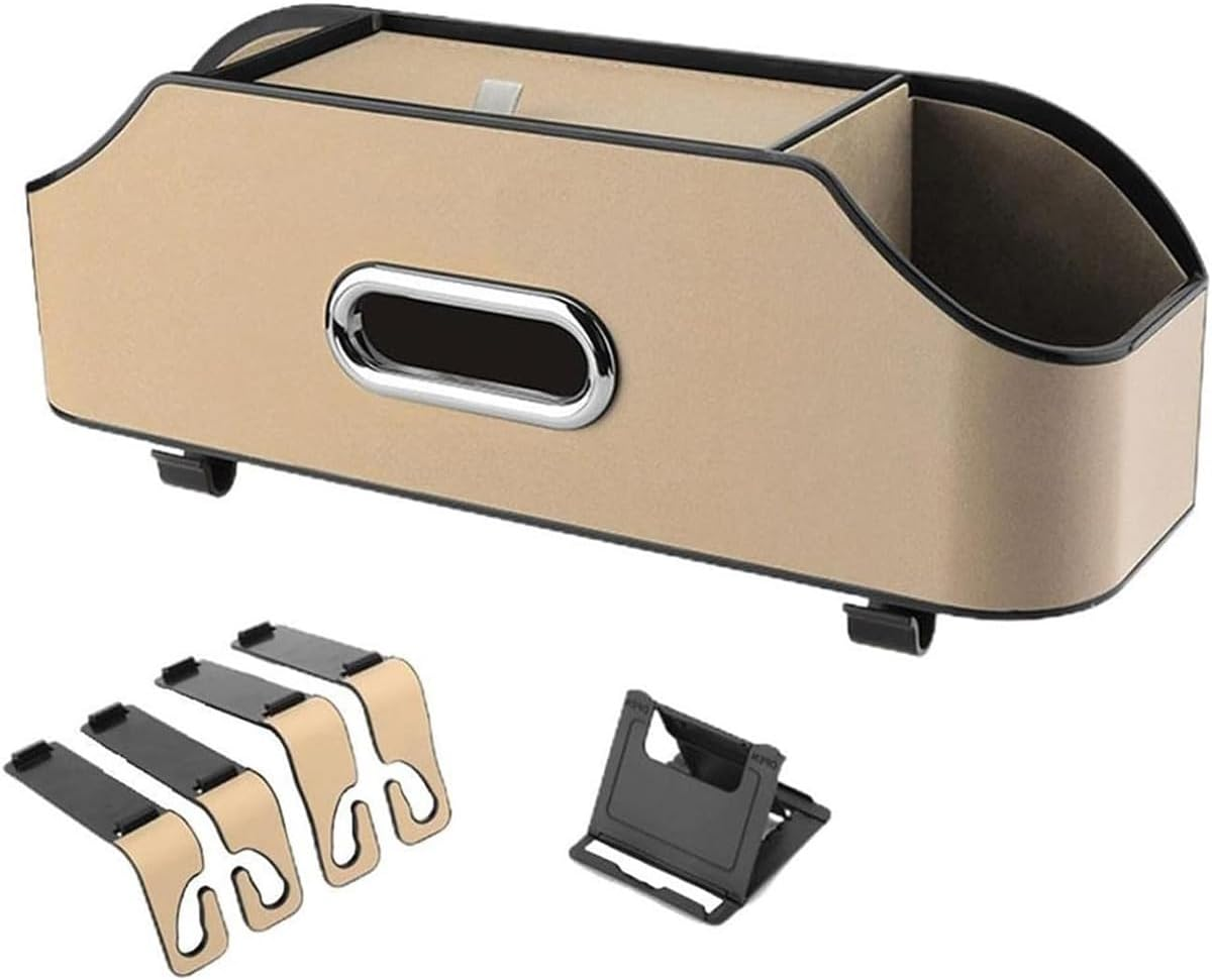 AIMALL Car Backseat Leather Storage Organizer Box with Cup Holder, Adjustable Hanging Seat Back Pocket for SUV Sedan Truck, 12.8X4.5X3.3In &ndash; Black/Beige/Brown