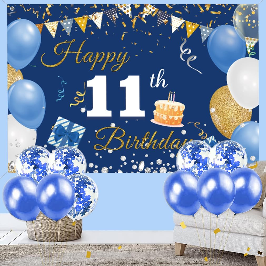 11Th Birthday Decorations Backdrop Banner for Boys/Girls Happy 11 Years Old Fabric Sign Poster, Blue Photography Background 11Th Birthday Party Supplies, 59"X35.4" image number 2