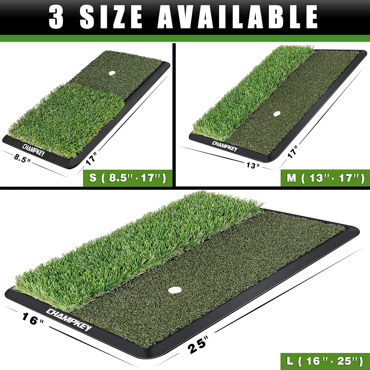 CHAMPKEY Dual-Turf Golf Hitting Mat | 9 Golf Tees & 1 Rubber Tee | Heavy Duty Rubber Backing Golf Practice Mat | Green Nylon Foldable Mat with 9 Holes
