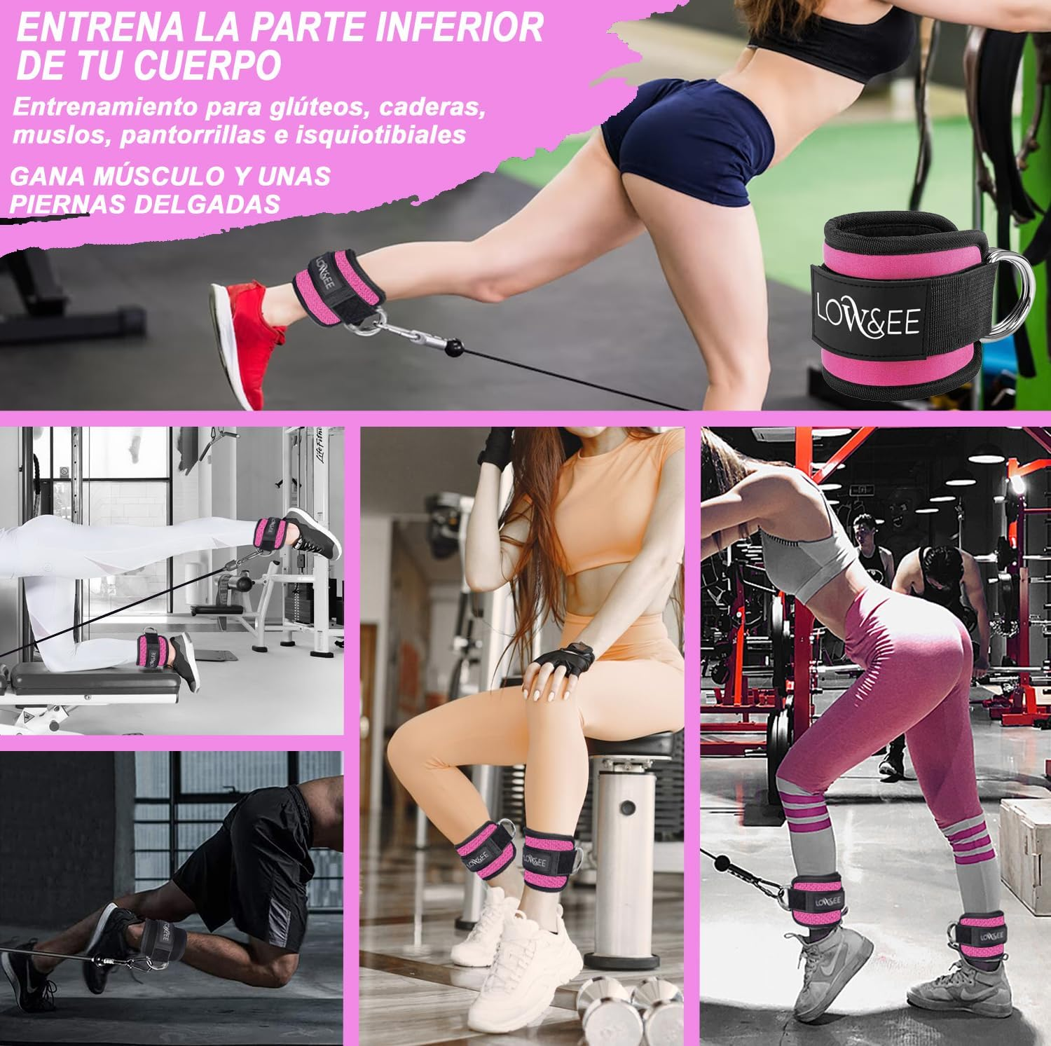 LOW&EE&reg; Pack of 2 Ankle Strap Pulleys Gym - Ankle Brace for Pulley Padded with Velcro for Women and Men - Gym Ankle Strap for Cable Machine Fitness and Gym image number 3