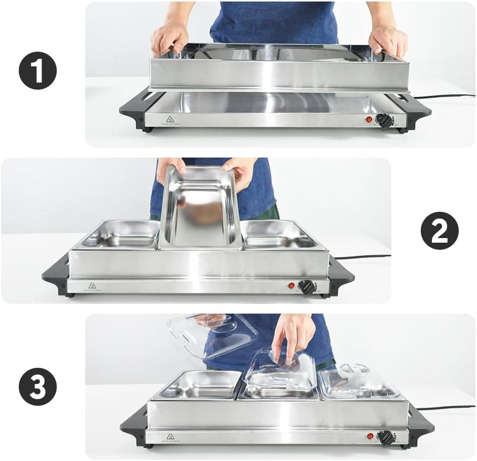 ALSTON Food Warmer Buffet Electric Server Variable Temperature Control Stainless Steel 2.5L X3 Tray Bain Marie with Lid for Catering Party Banquet Dining image number 5