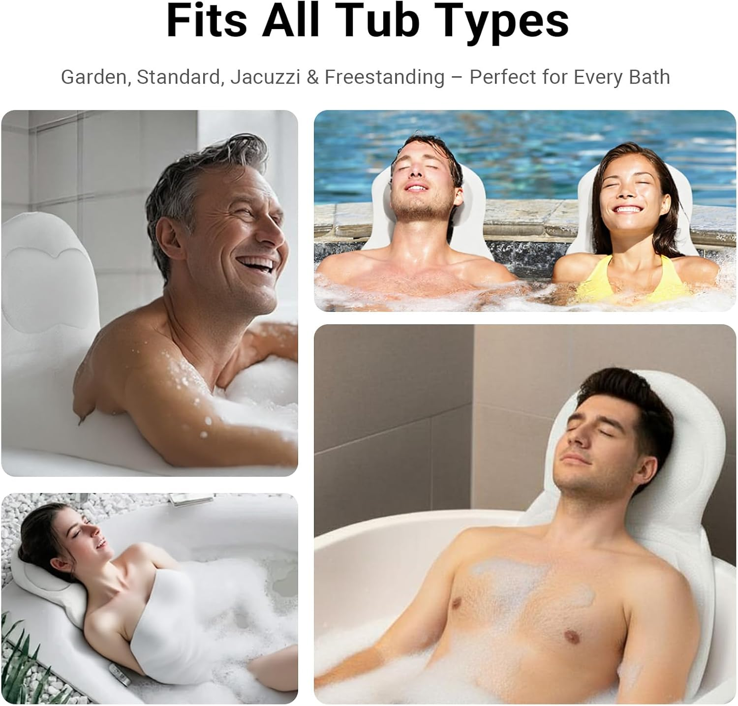 COZI Ergonomic Full Body Bath Pillow for Bathtub, Luxury Tub Pillow for Bath for Headrest Neck and Back Support,130Cm White Long Body Pillow with Mesh Washing Bag and Non-Slip Suction Cups