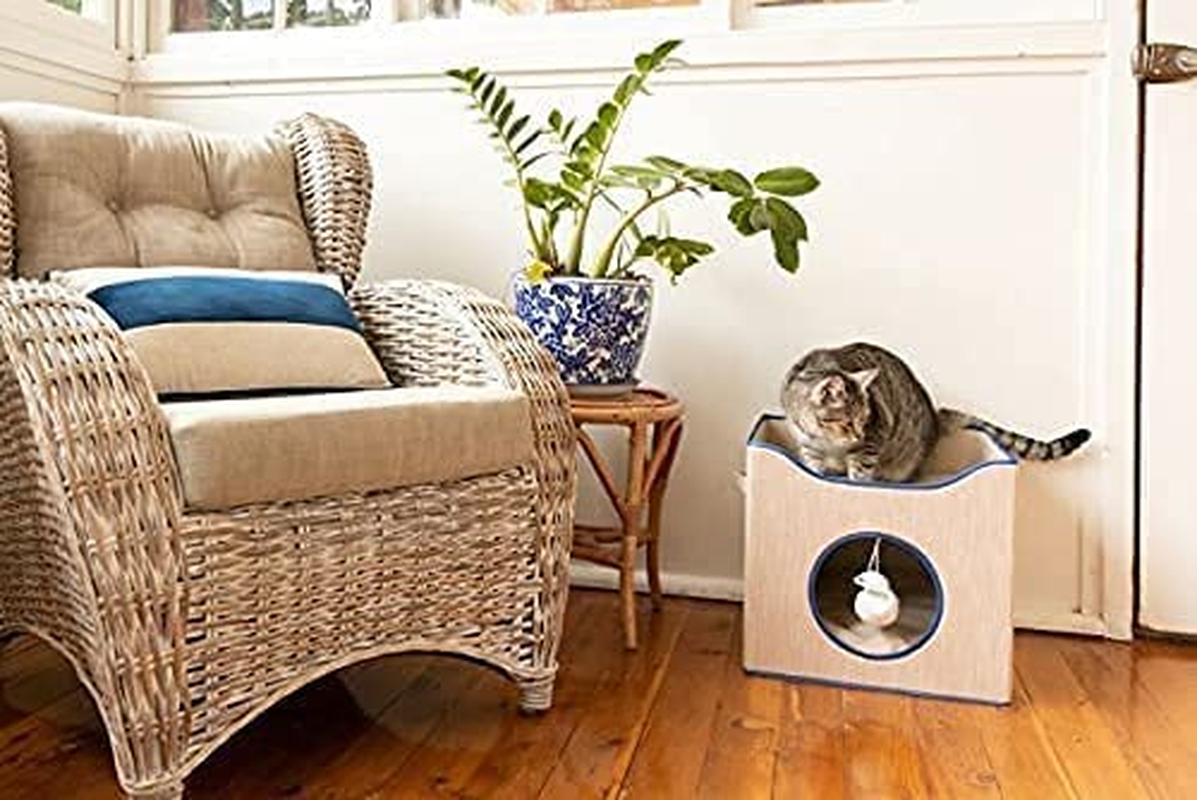 Cat Cube Pet Bed Indoor House for Cats Small Dogs Flatpack Easy to Assemble Has a Dark Blue Trim 2 Soft Toys Included a Mouse and Ball from Paton Pets Australia