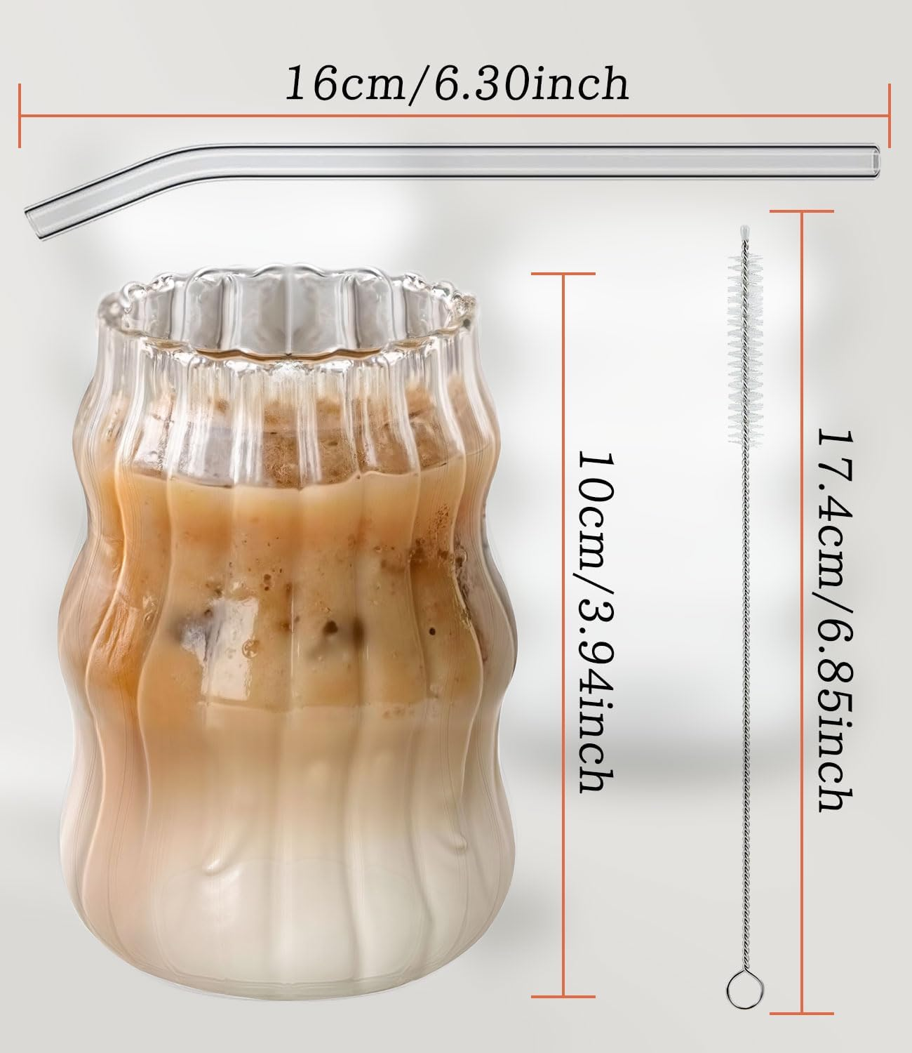 Shanghigh Drinking Glasses with Glass Straw - 7Pcs Cup Set with 16Oz Glass Cup, Staws, Cleaning Brushes and Bamboo Lids, Bubble Cup Glassware with Wave Shape for Drinks, Iced Coffee, Matcha, Tea