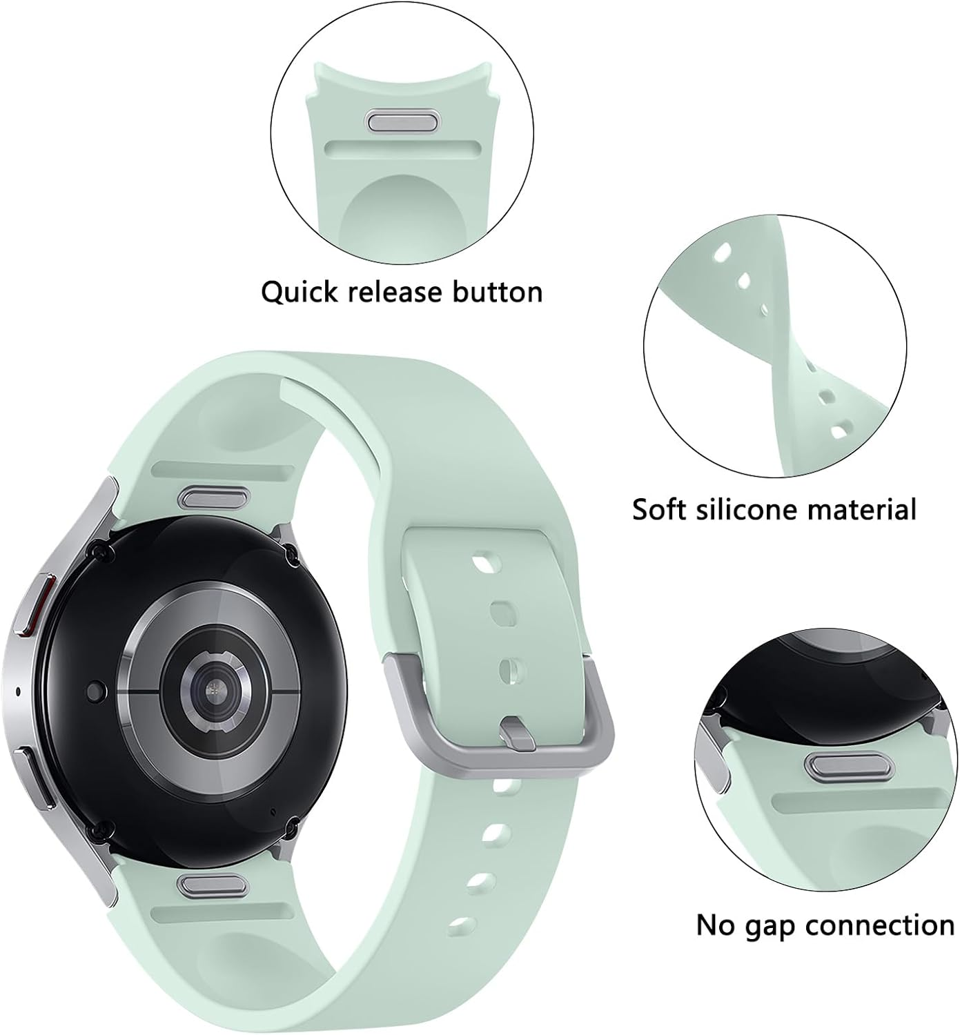 Galaxy Watch 7/FE/6/5/4 Band 40Mm 44Mm,For Samsung Galaxy Watch 5 Pro Band 45Mm,Soft Silicone Sport Strap Correa Galaxy 6/4 Classic Bands 47Mm 43Mm/46Mm 42Mm Women Men,No Gap Release Button Wristbands - Icy Blue-Silver Buckle image number 5