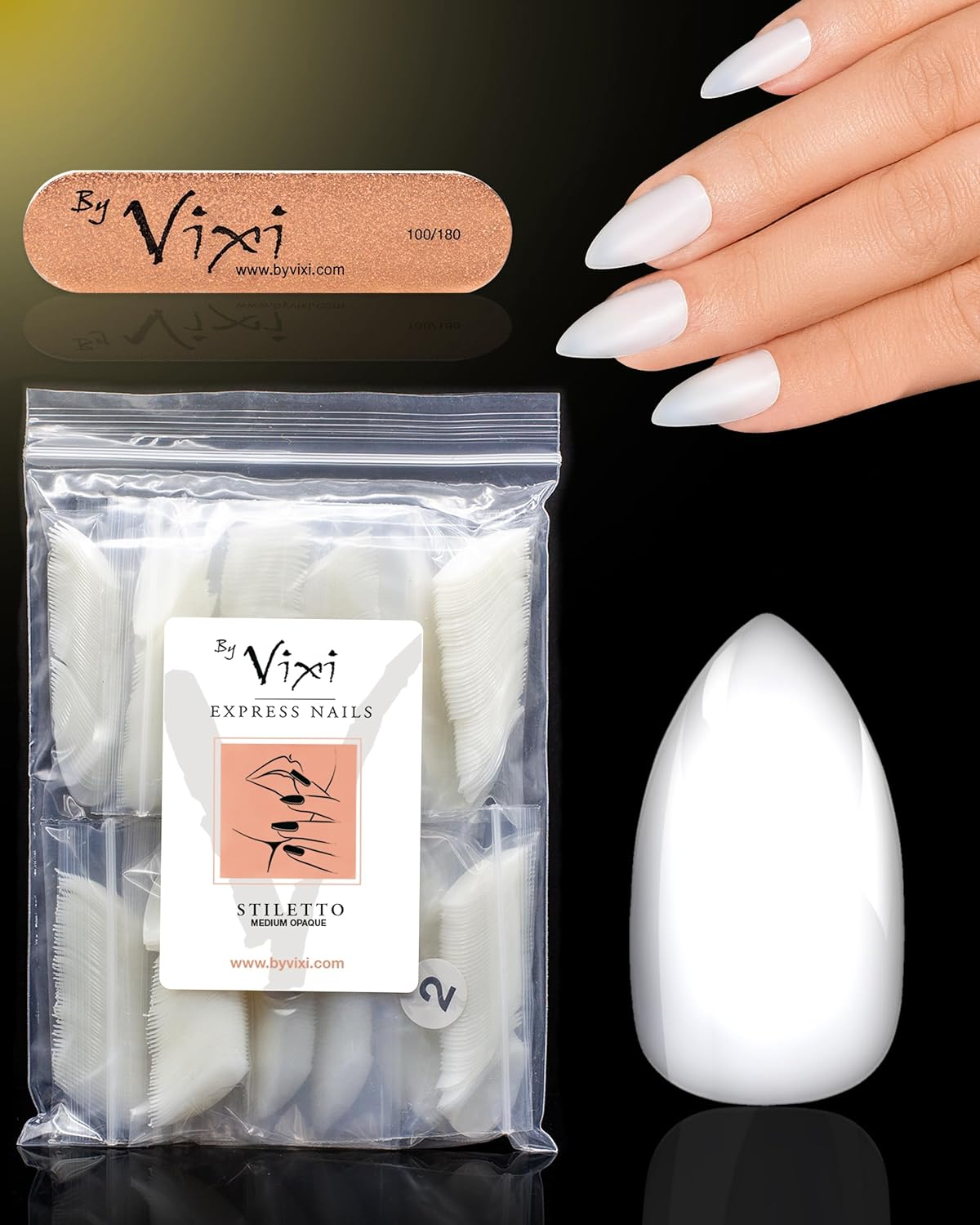 By Vixi 500 LONG COFFIN/BALLERINA NAIL SET with PREP FILE, 10 Sizes - Opaque Express Full Cover False Fingernail Extensions for Salon Professionals & Home Use - Coffin Short image number 5