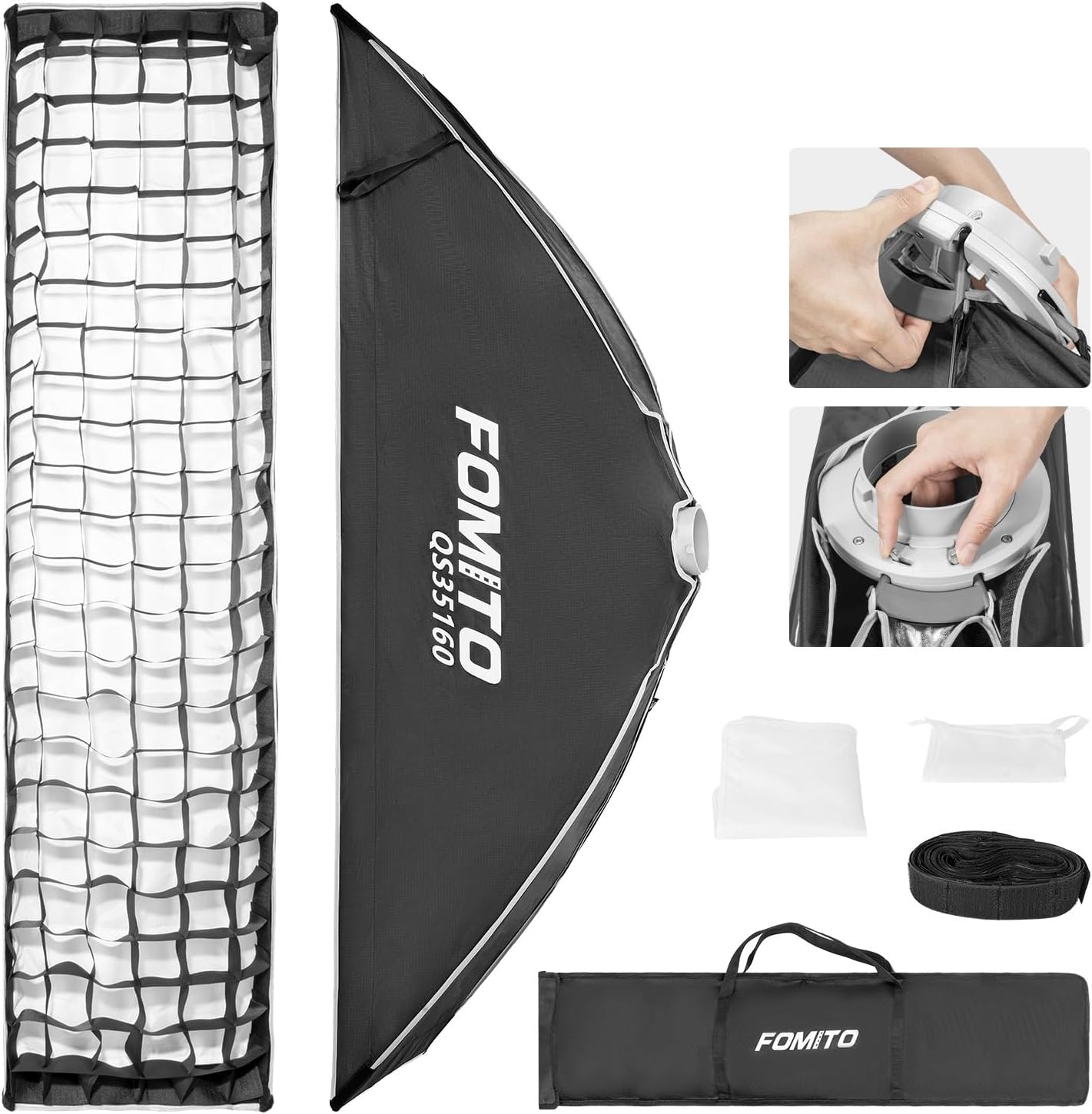 FOMITO 14"X63"/35X160Cm Rectangular Softbox, Quick Release Bowens Mount Softbox with Honeycomb Grid, Light Diffusers, Bag for Godox SL-60W SL60IID SL150R SL300R Aputure 120D Etc