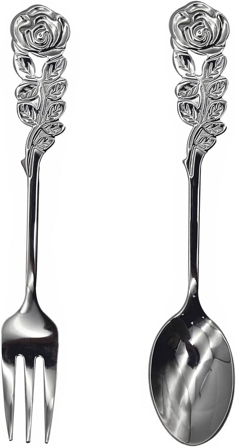 Pinenjoy 2Pcs Rose Handle Spoon Fork Set 4.72 Inch 18/10(304) Stainless Steel Flatware for Coffee Tea Dessert Ice Cream Salad Appetizer image number 4