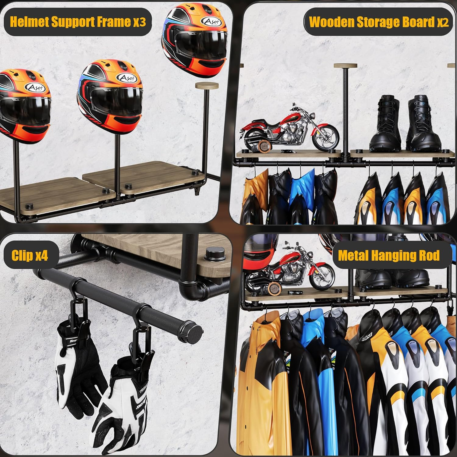 Double Motorcycle Helmet Holder Wall Mount, Helmet Hanger and Jacket Holder Wall Mount, Riding Gear Display Rack with 4 Hooks, Helmet Stand for Accesories Storage (3 Helmets) image number 2