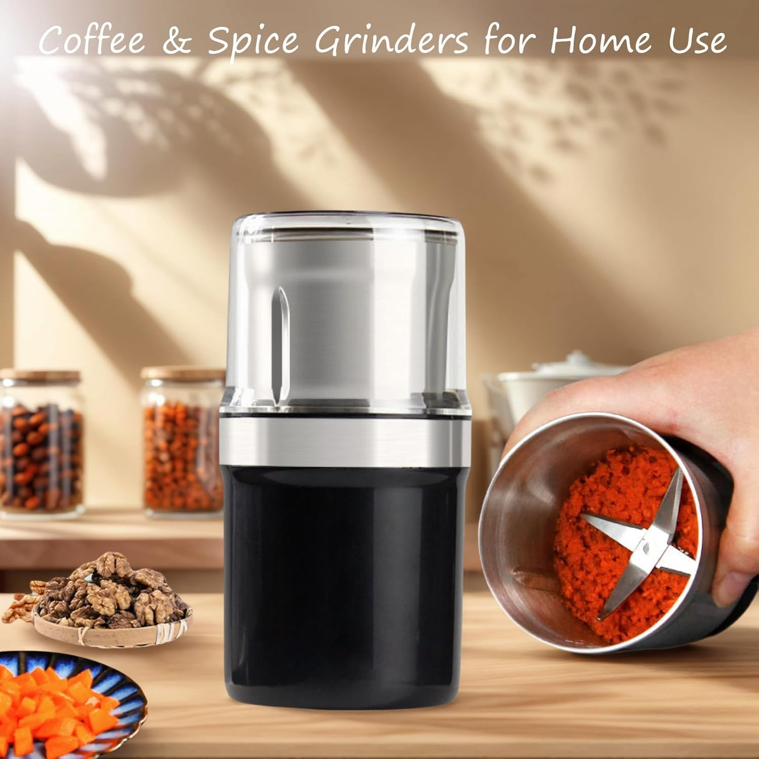 Electric Coffee Grinder & Herb Grinder, Spice Grinder | 3.5Oz /100G Capacity | 200W | Stainless Steel Blade | One-Touch Control | Multigrinder for Home, Kitchen, Camping (Dual Blade Set) image number 5