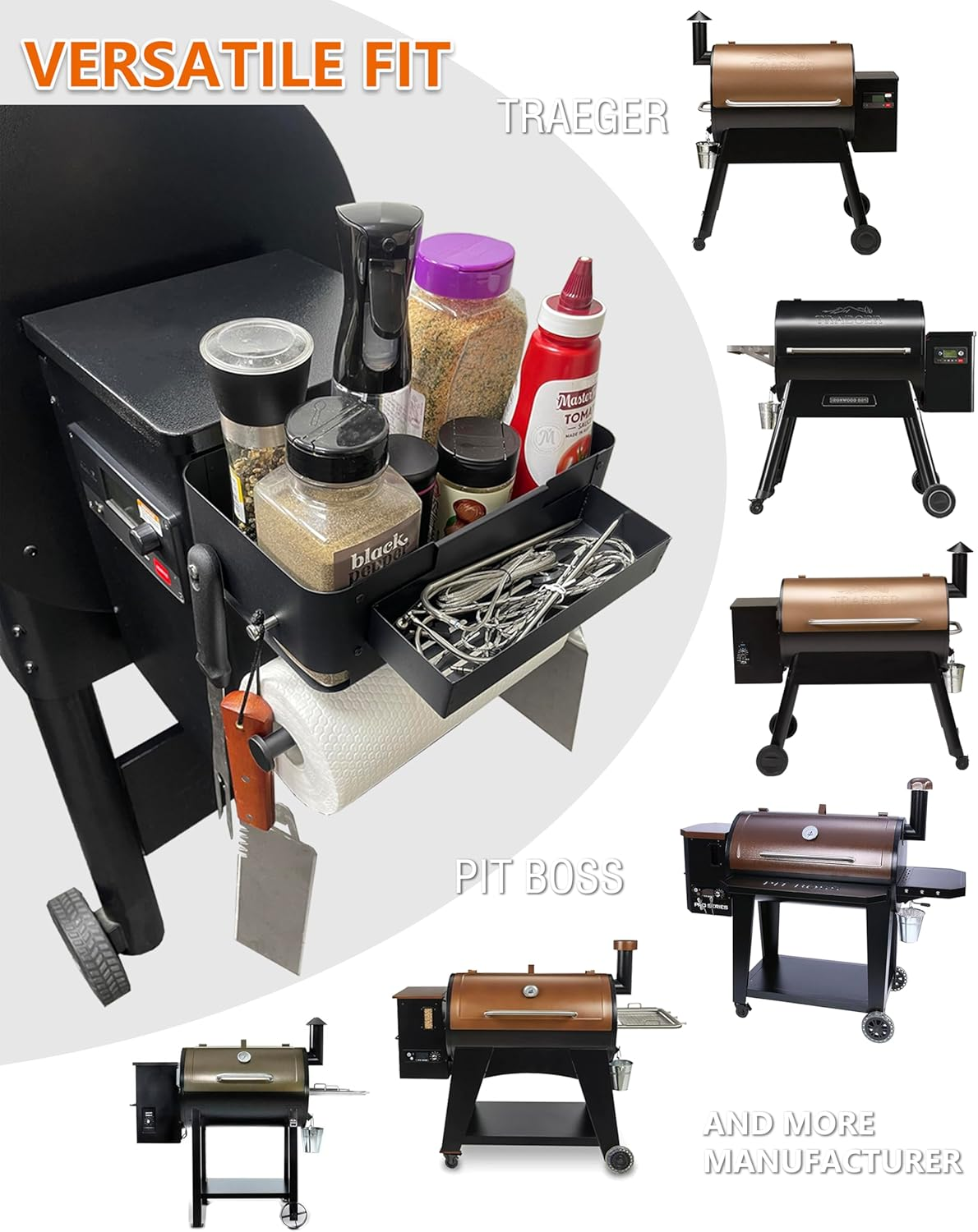 Storage Bin for Traeger Pellet Grill Caddy with Paper Towel Holder, Temperature Probe Box, and Hanging Hooks &ndash; Smoker Accessories for Traeger Pro Series 22/34, Ironwood 885/650, Pro 780/575, Pit Boss image number 2