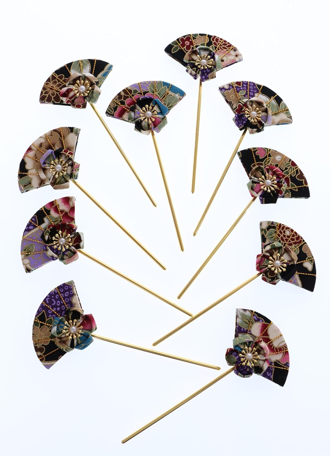 C-121-1 Black Colourful Hair Pin Fan Shape Pin Hair Pin Fabric Flower Sakura Japan Geisha Kimono Accessory image number 6