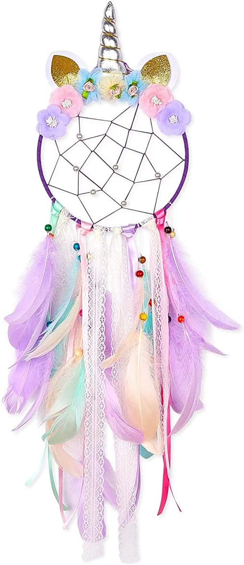 Dream Catchers for Kids Colorful Feather Dream Catcher Handmade Flowers for Girls Kids Bedroom Nursery Wall Decoration Blessing Gift(Purple) image number 1