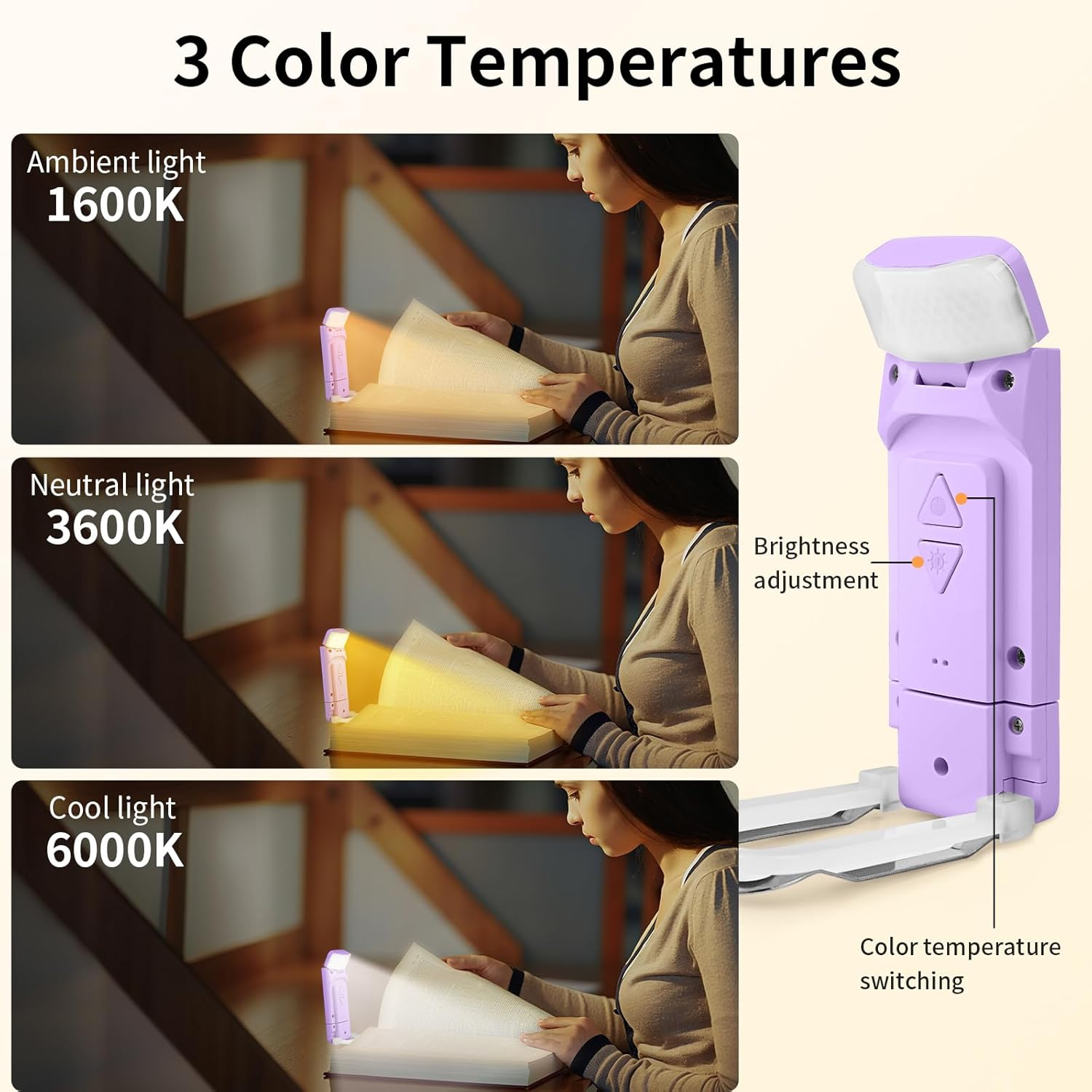 Rechargeable Book Reading Light, Eye Caring Reading Light Clip on Book with 3 Colors Temperatures & 5 Brightness Levels, Portable LED Clip on Bookmark Lamp for Bookworms - Green image number 4